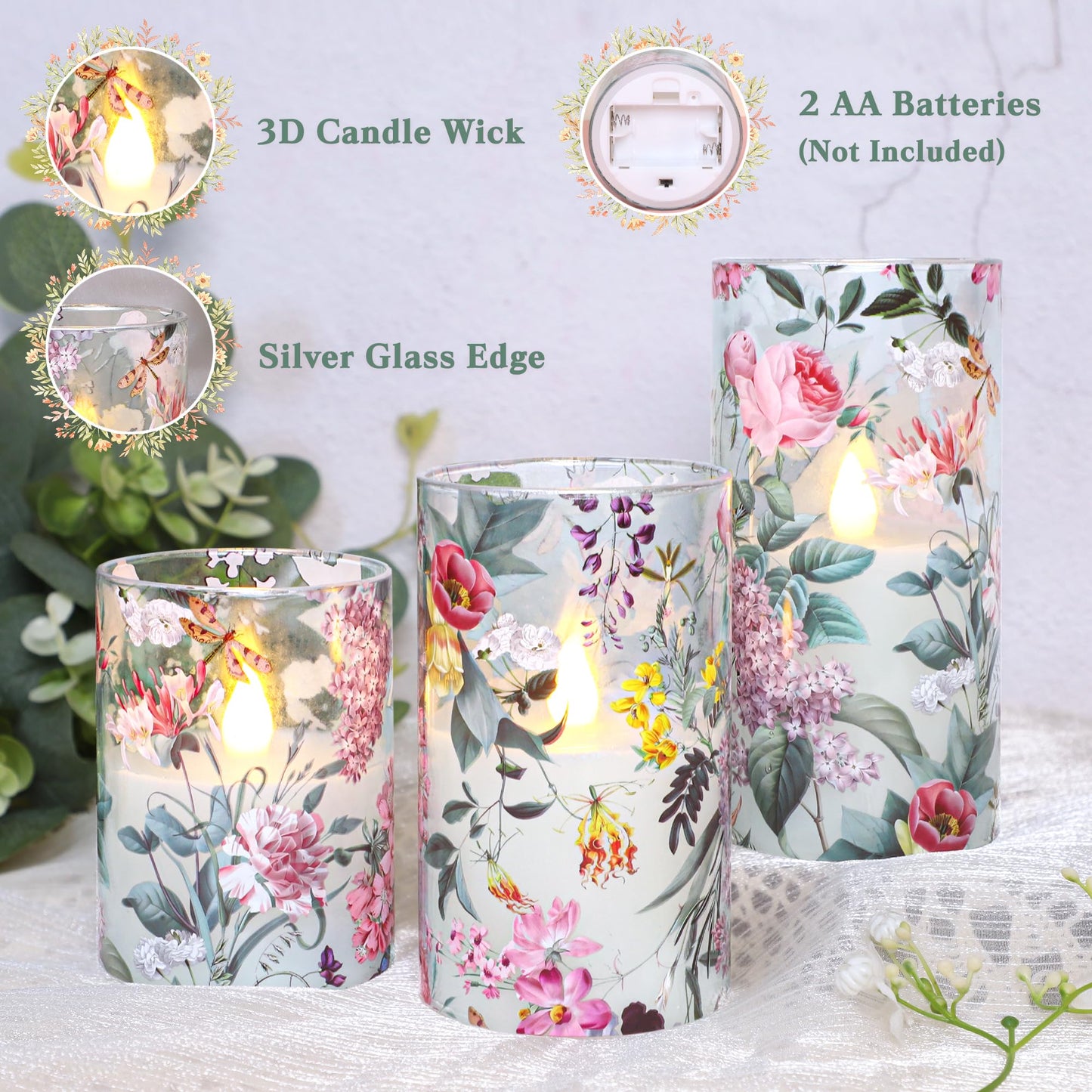 CRYSTAL CLUB Floral Glass Flameless Candles Battery Operated with Remote, Realistic LED Flickering Pillar Candle for Wedding, Home Decor