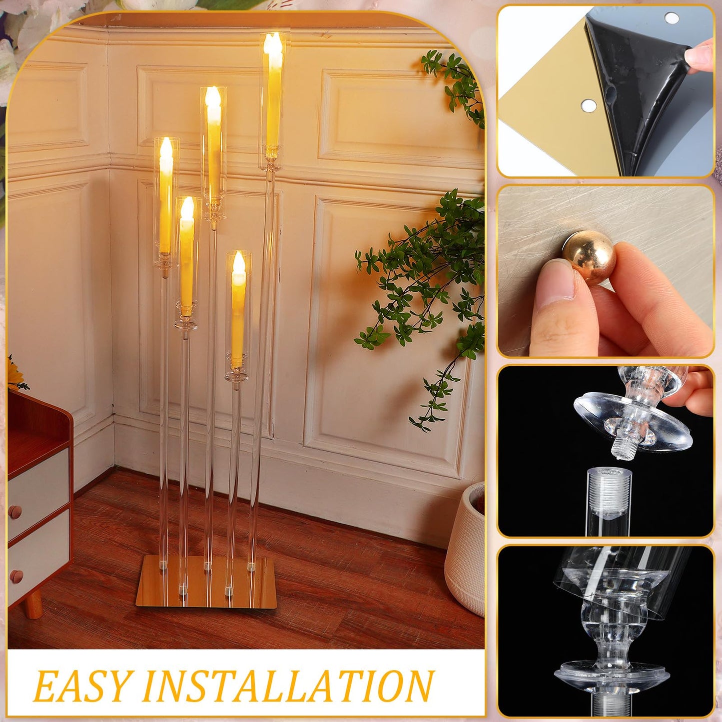 4 Set Floor Candelabra 5 Arm 46.5'' Tall Acrylic Candle Holders Tables Candelabra Centerpieces Wedding Candlestick Set with Clear Lampshade Gold Metal Base for Ceremony Party Home Decoration