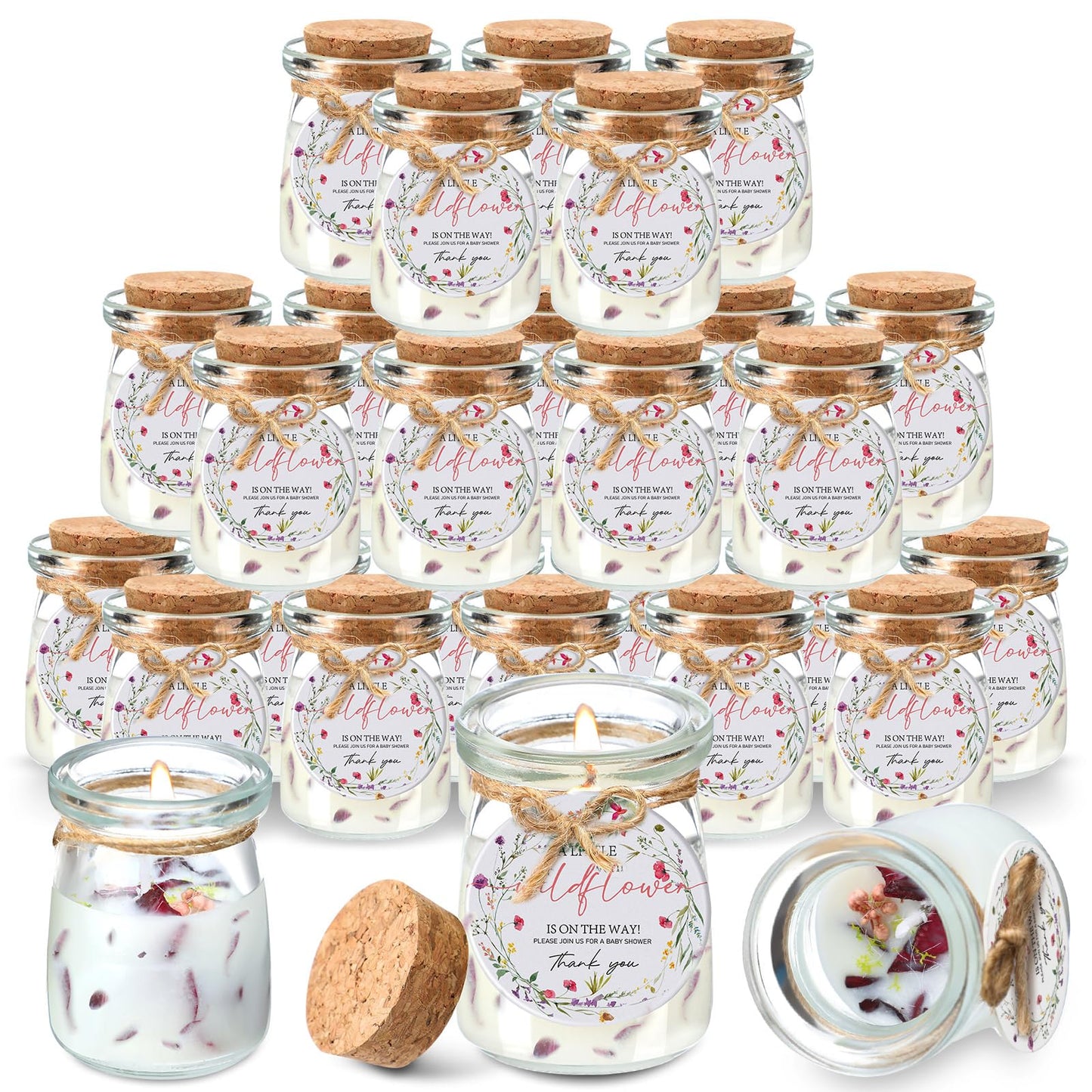 Threlaco 20 Pcs Wildflowers Baby Shower Favors Party Candle Lavender Scented Glass Mason Jar Wax Candle Bulk for Guests Girl Boy Gender Reveal Party Gifts(Colorful)