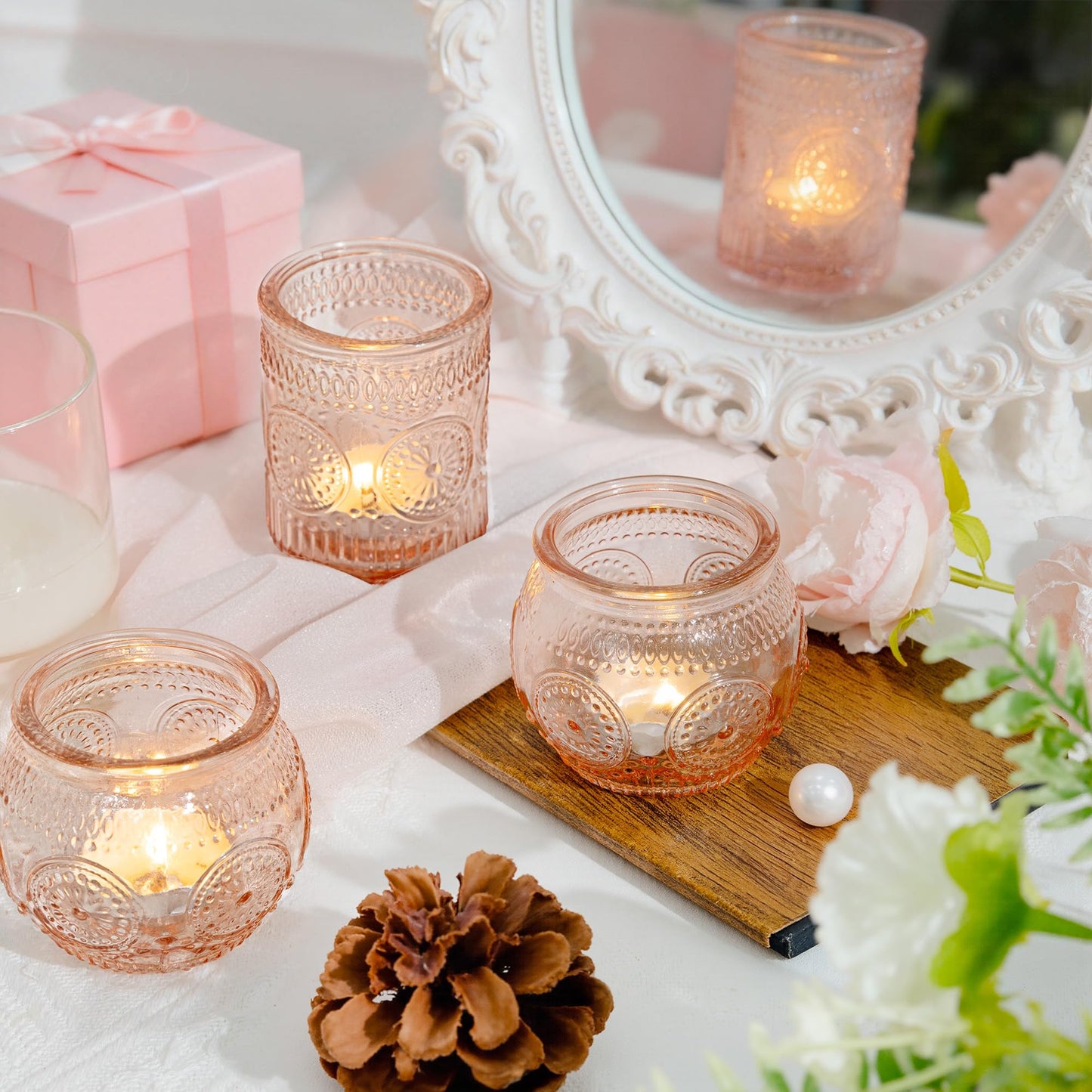 WELLIFE 24-Piece Pink Glass Votive Candle Holders Set – Tealight Candle Holder Glass Bulk with 12 Round & 12 Sunflower Textured Cups, Pink Votive Candle Holders for Weddings, Parties, Home