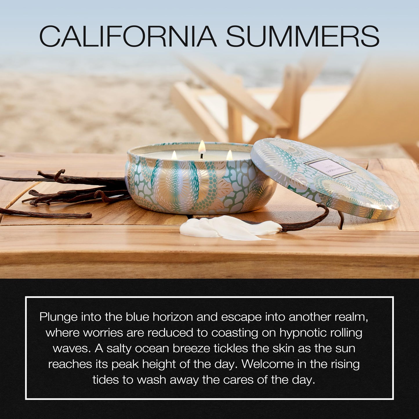 Voluspa California Summers Candle Tin, 12 oz, Coconut Wax Blend, 3 Wick Candle, Scented Candles for Home, 40 Hour Burn Time, Poured in the USA