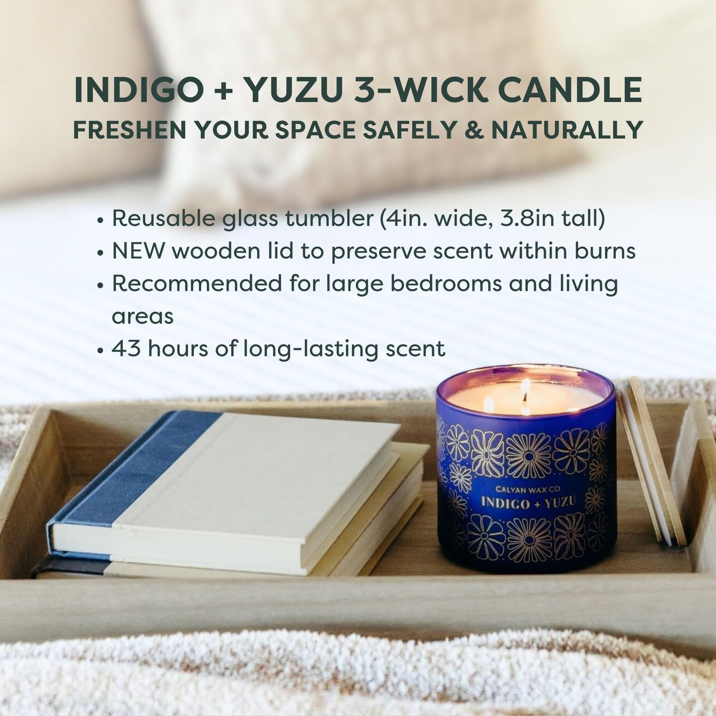 Calyan Wax Co. Indigo & Yuzu 3 Wick Scented Candle - 43 Hour Burn - Luxury 3 Wick Soy Candles - Clean Soy Wax Candles - Long Lasting Large Glass Jar Candle for Home - 14.9oz
