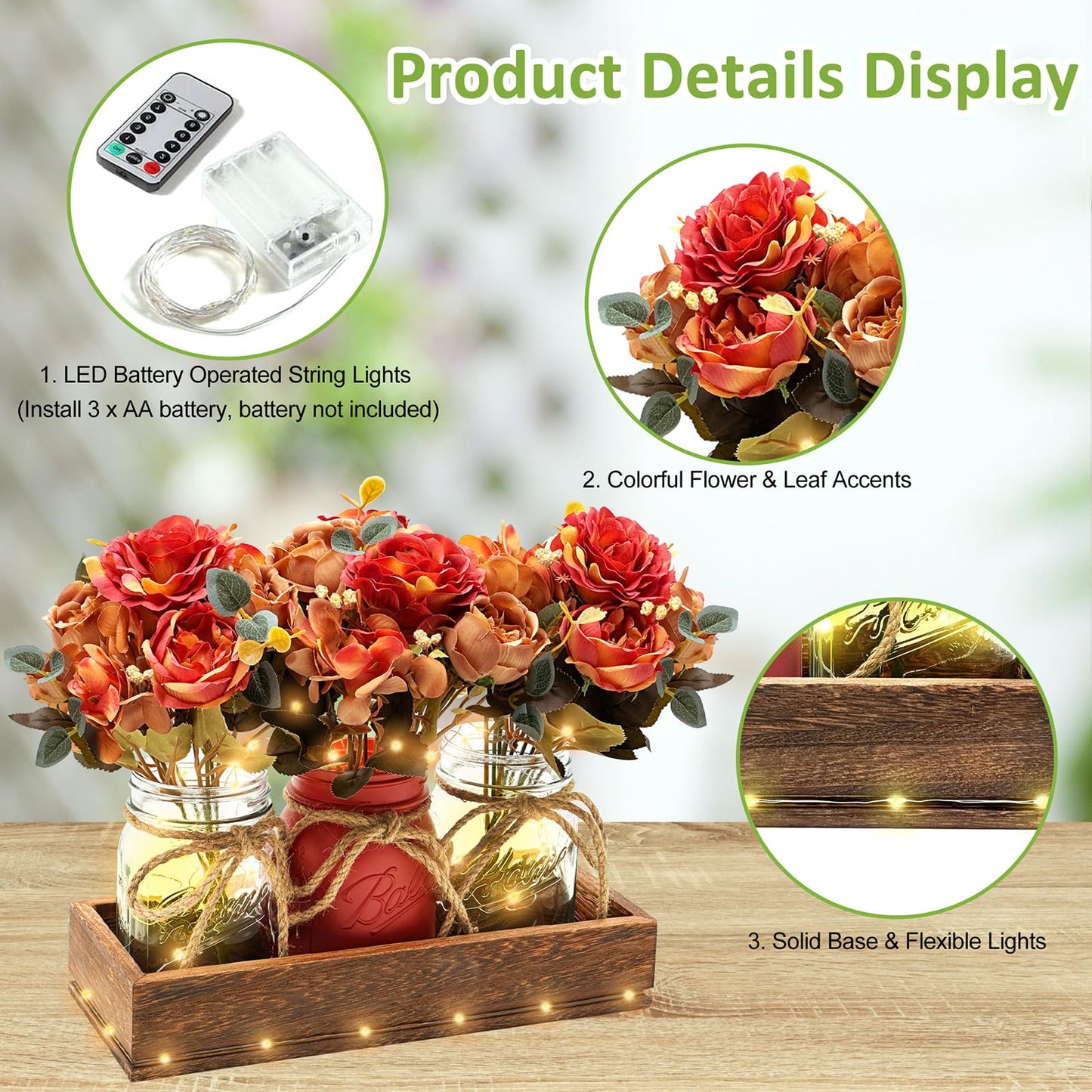 HOMECOR Mason Jar Light Centerpiece Table Decor for Dining Room - Farmhouse Centerpiece Table Decorations with Wood Tray and Remote Control LED Lights for Coffee Table Decor Living Room Wedding
