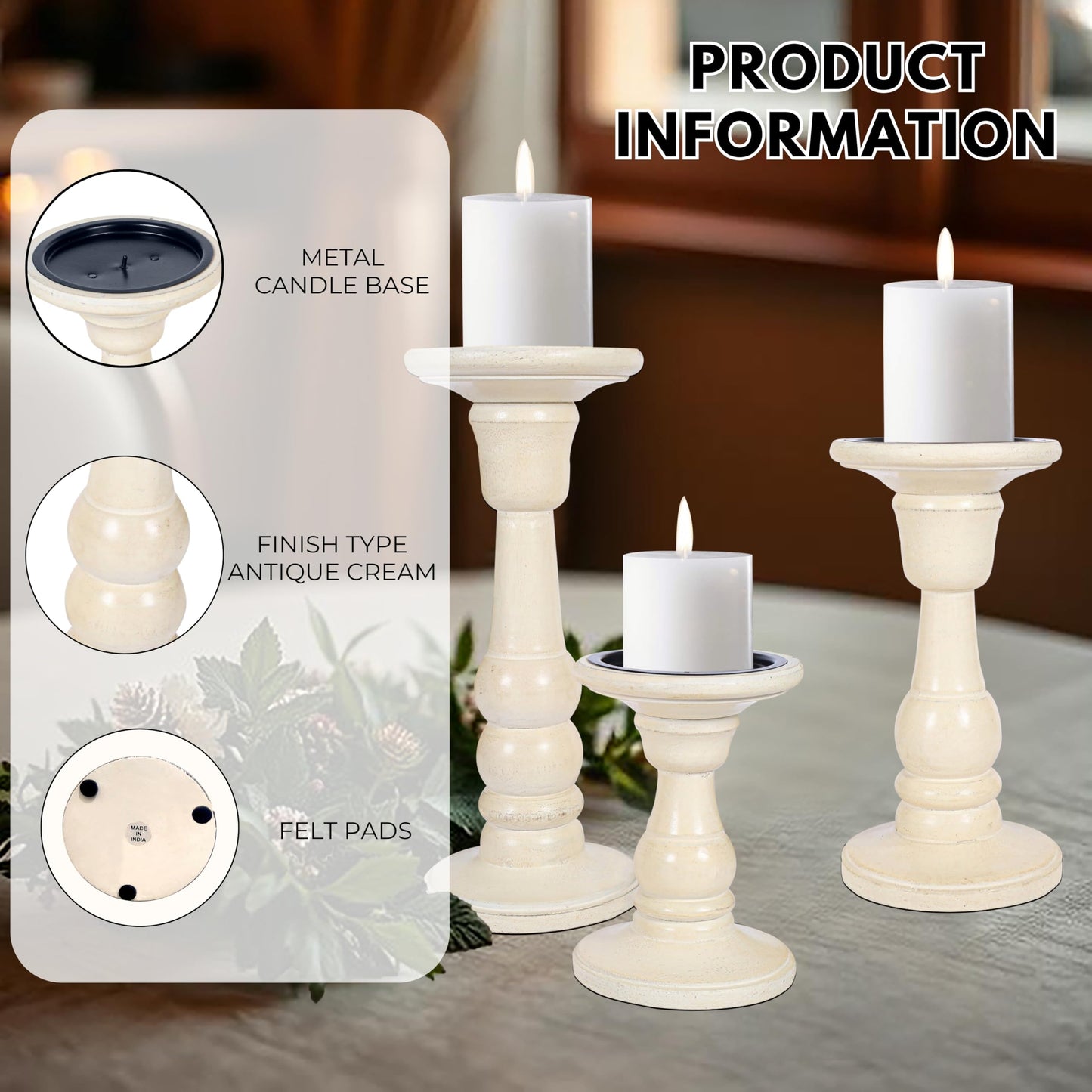 Woodify Wooden Candle Holder Set of 3, Handcrafted Mango Wood Pillar Candle Stands 10", 8", 6", White Antique Candle Holders for Home Décor, Living Room, Dining Table.
