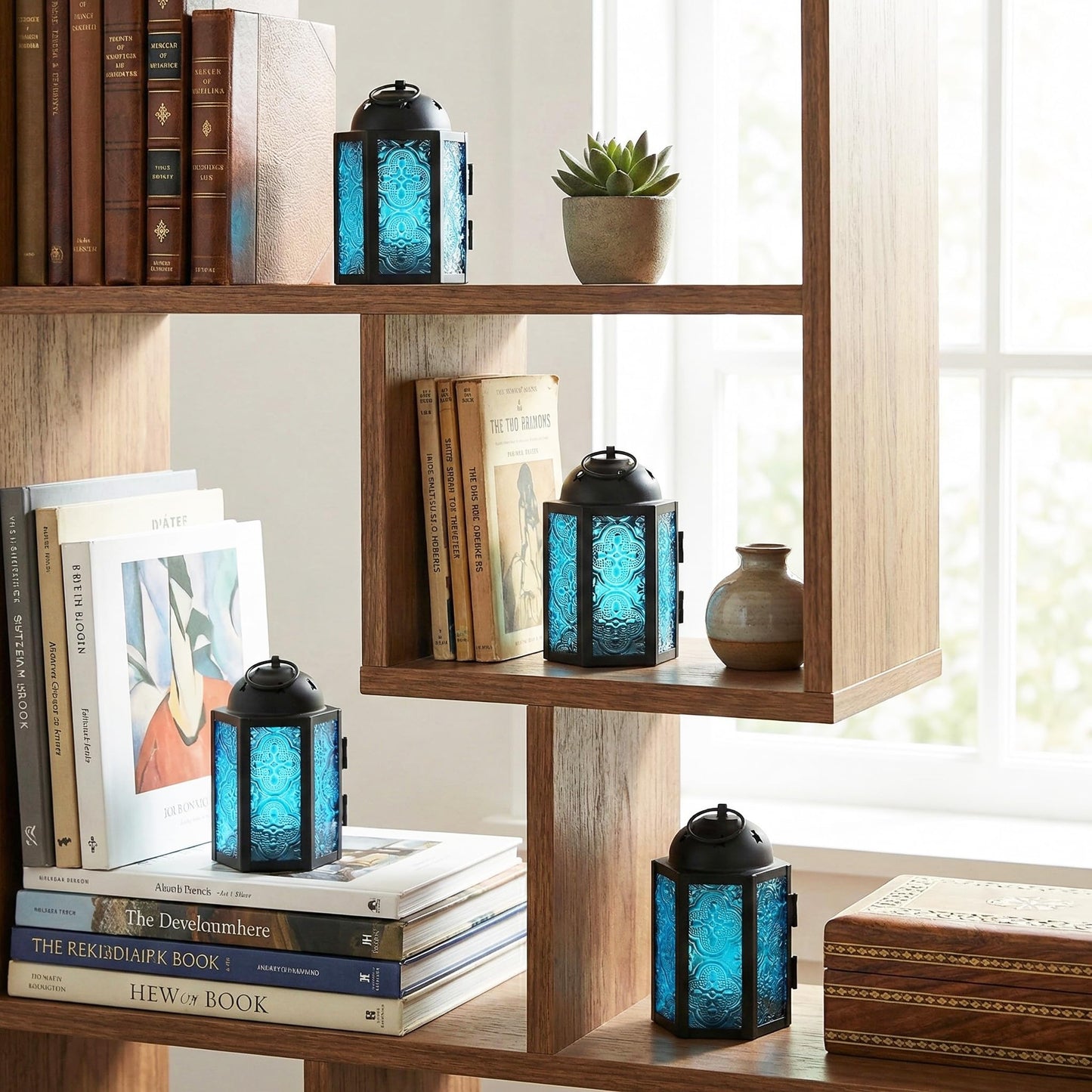 Vela Lanterns Tea Light Candle Holders, Votive Holders, Mini Moroccan Lamps, Decorative Metal Hanging Candle Lantern, Table Centerpieces, Small Indoor Shelf Decor, Turkish Ramadan Decor, 16pc, Blue