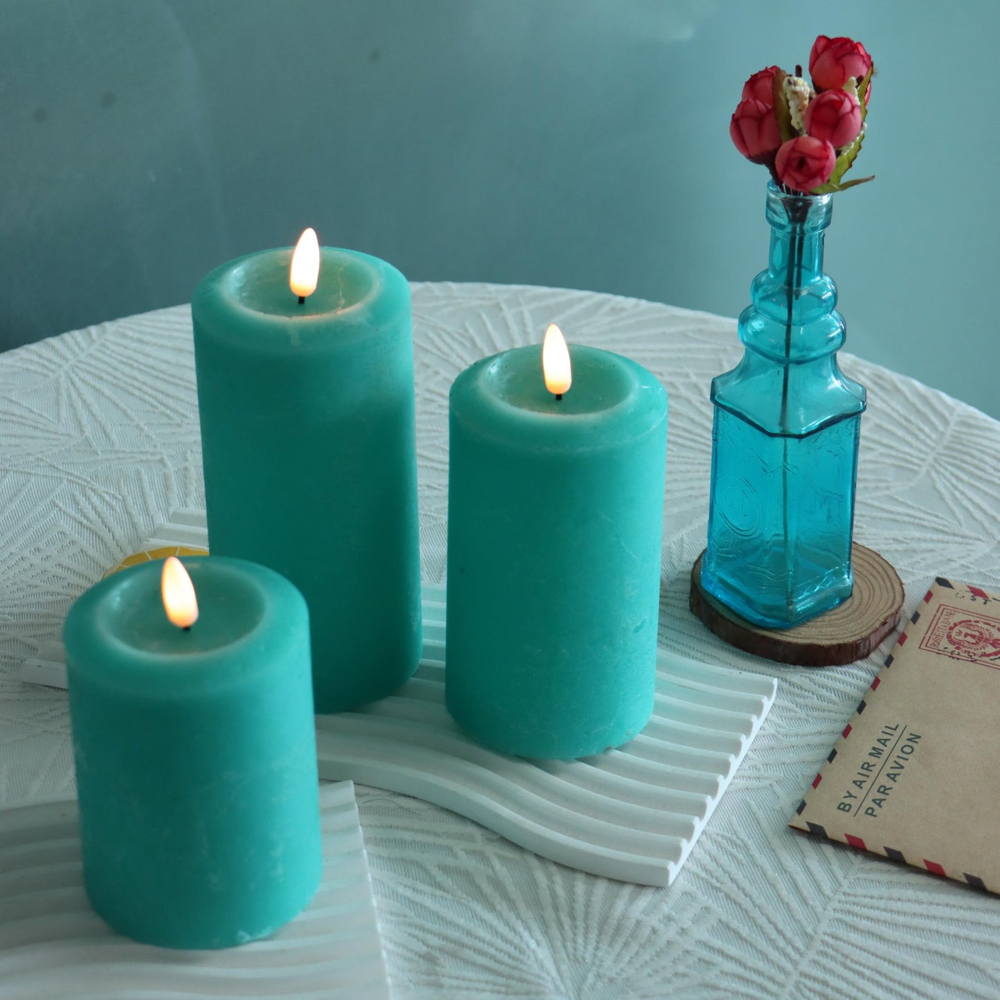 CANDLE CHOICE Real Wax Battery Operated Flameless Candles with Remote Automatic Timer Realistic Flickering Electric LED Pillars Wedding Party Holiday Decorations 3 Pack Rustic Texture Peacock Blue