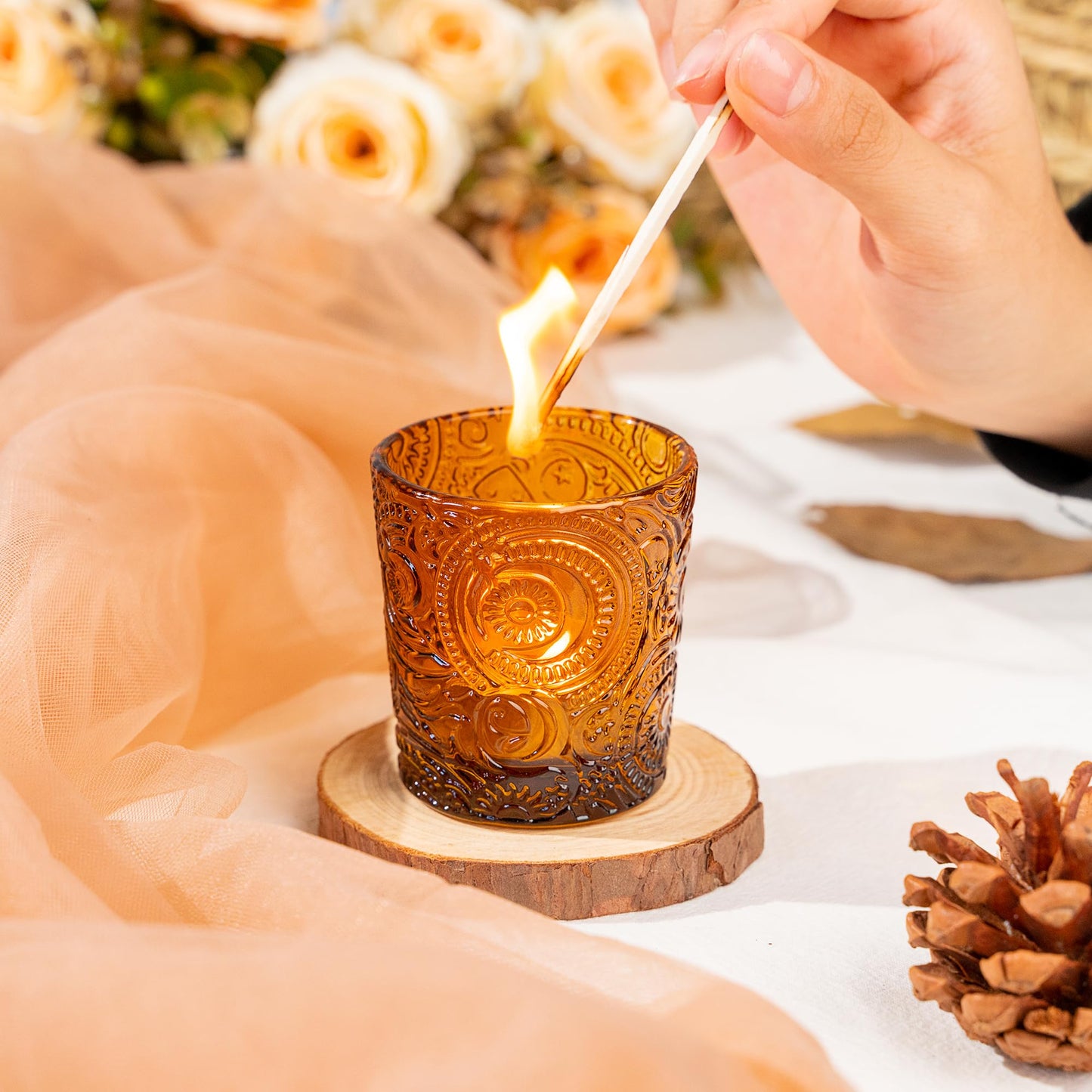 6 Pack Sun Moon Star Embossed Glass Tea Light Candle Holders - Votive Candle Holders for Wedding, Party, Home Decor, and Table Centerpieces (Chestnut Brown)