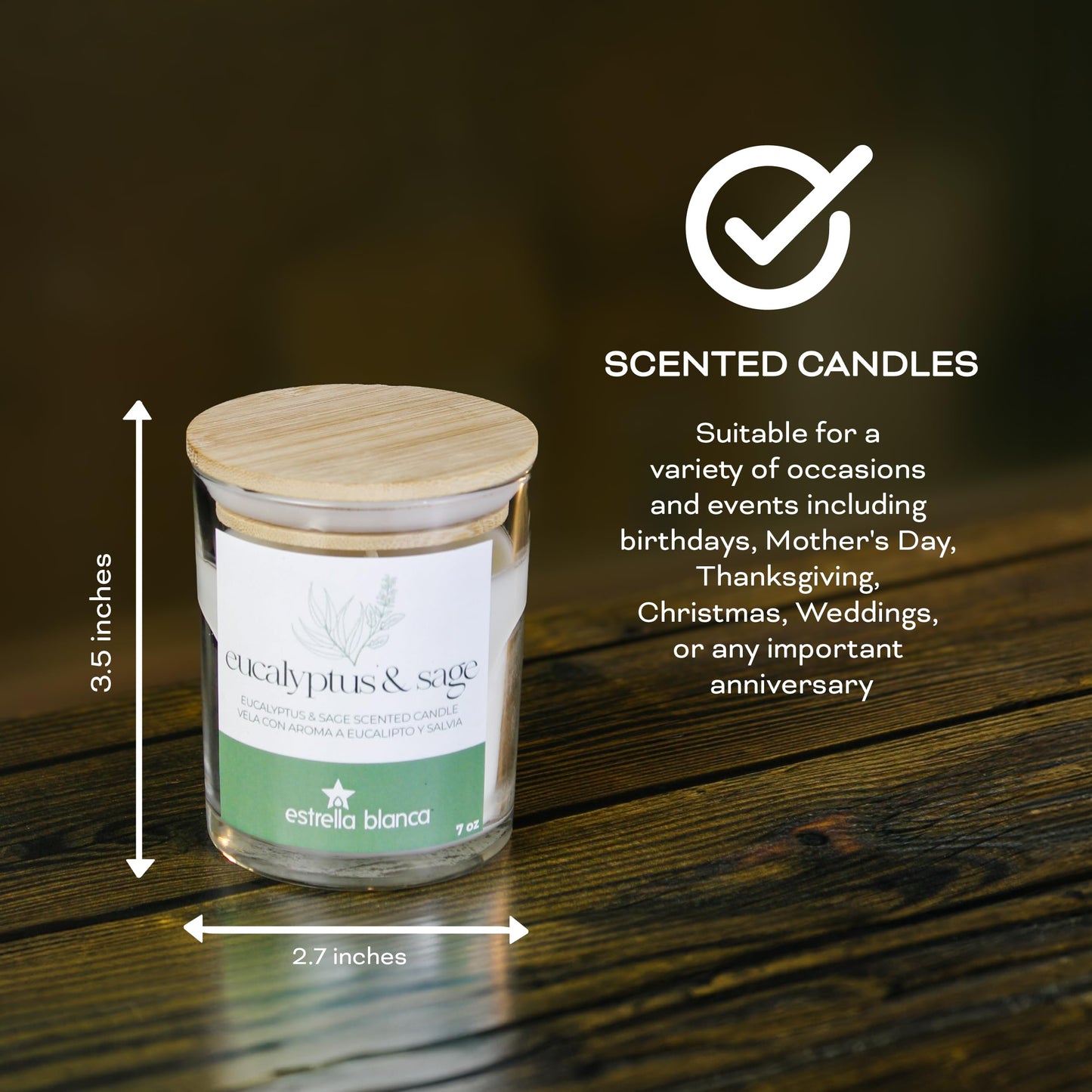 Estrella Blanca 7oz Eucalyptus and Sage Scented Candle, Candles for Home Scented, Soy Blend Wax Candle, Gift for Women Men, Long Burning Candle