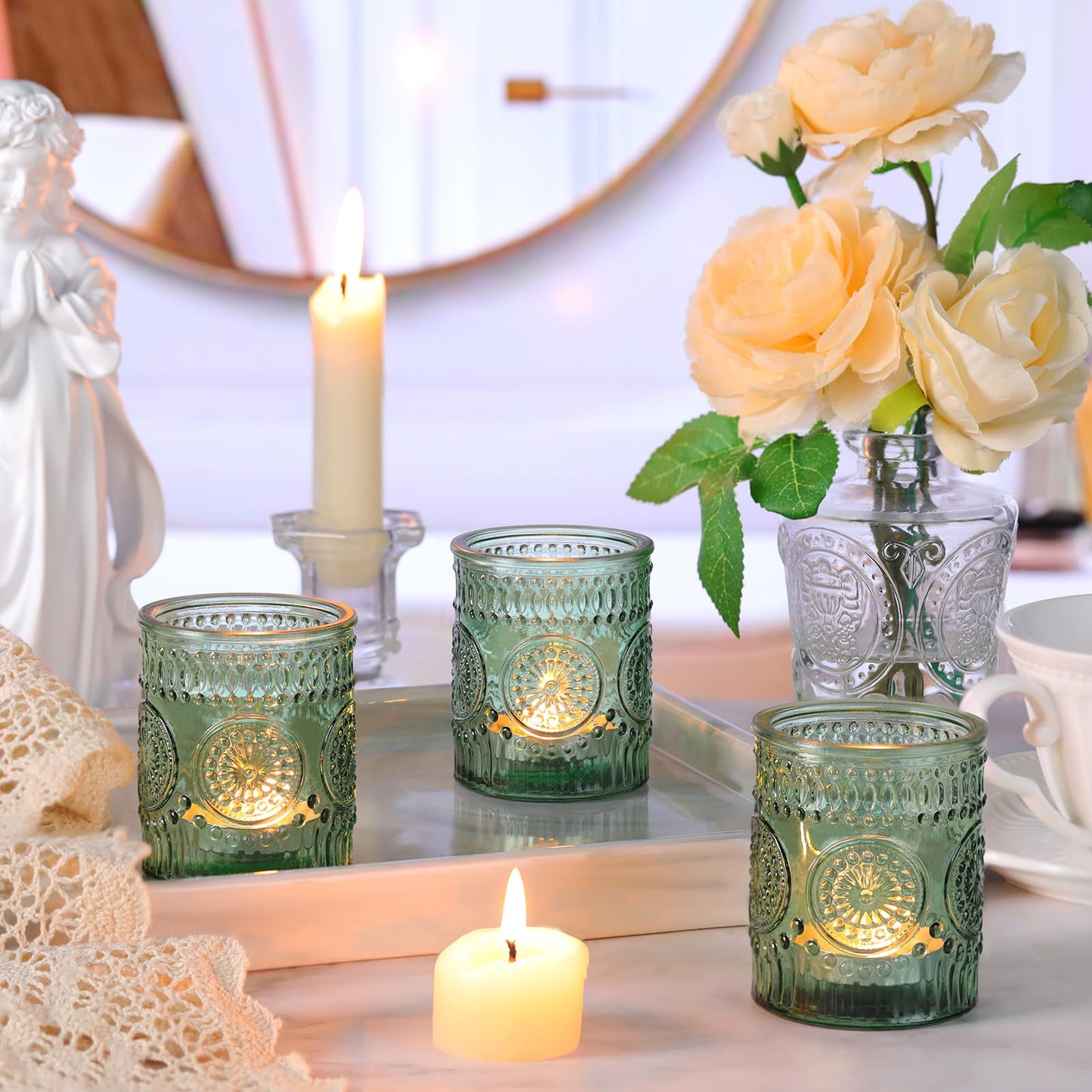 Lanttu 12pcs Green Votive Candle Holders，Glass Tea Lights Candle Holder Bulk for Birthday Parties, Weddings, Table Decorations, Candlelight Dinners