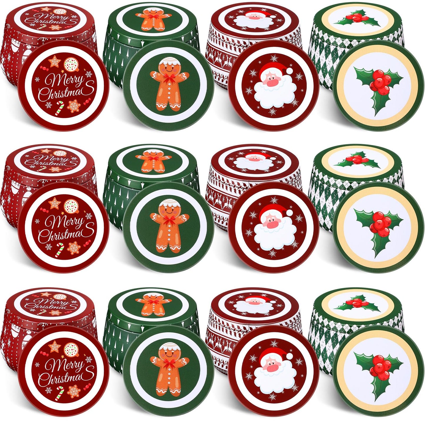 Yungyan Christmas Candle Tin Cans Set Metal Candles Tin Gifts Jars with Lids 8 oz Christmas Cookie Tins Candle Containers for Storing Biscuits Tea Party Favors(12 Pcs)