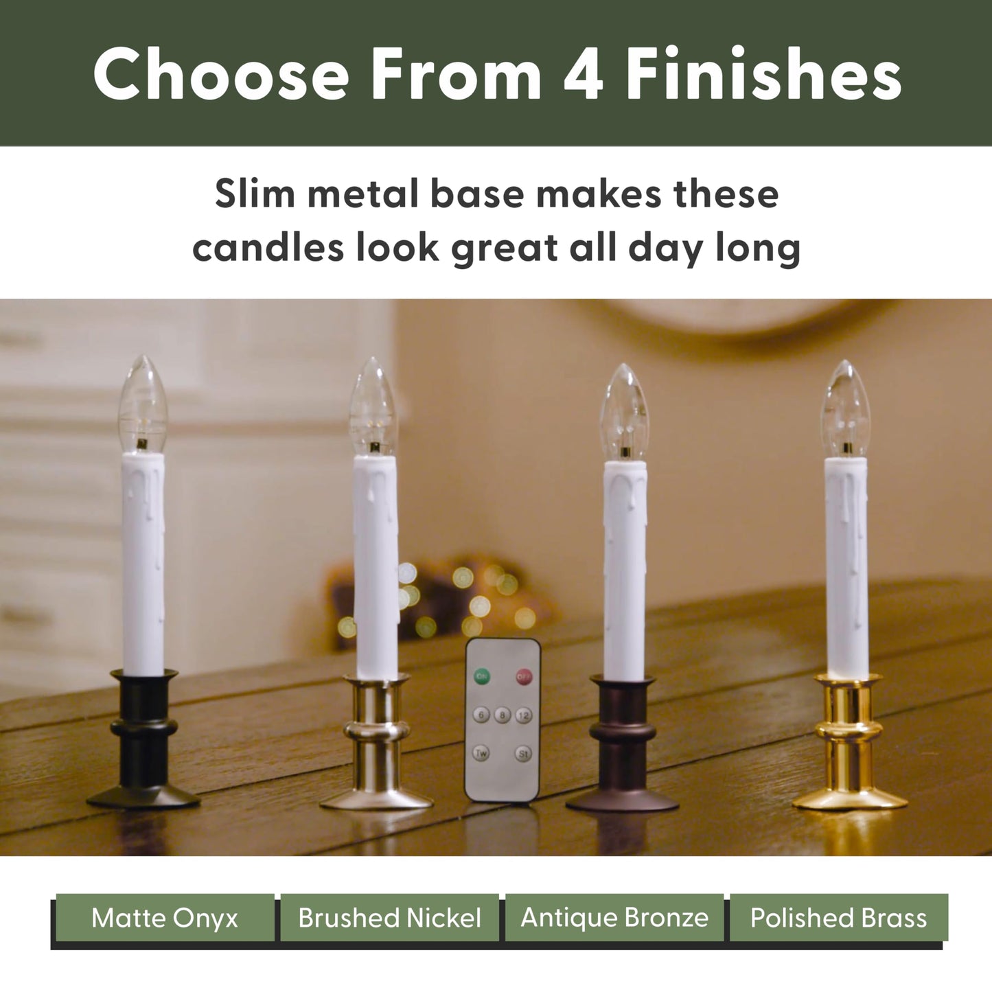 612 Vermont Ultra-Bright LED Window Candles with Timer, Remote Control, Twinkle/Steady LED Light, Battery Operated, Slim Metal Base, VT-9167-R4-BW (Pack of 4, Polished Brass)