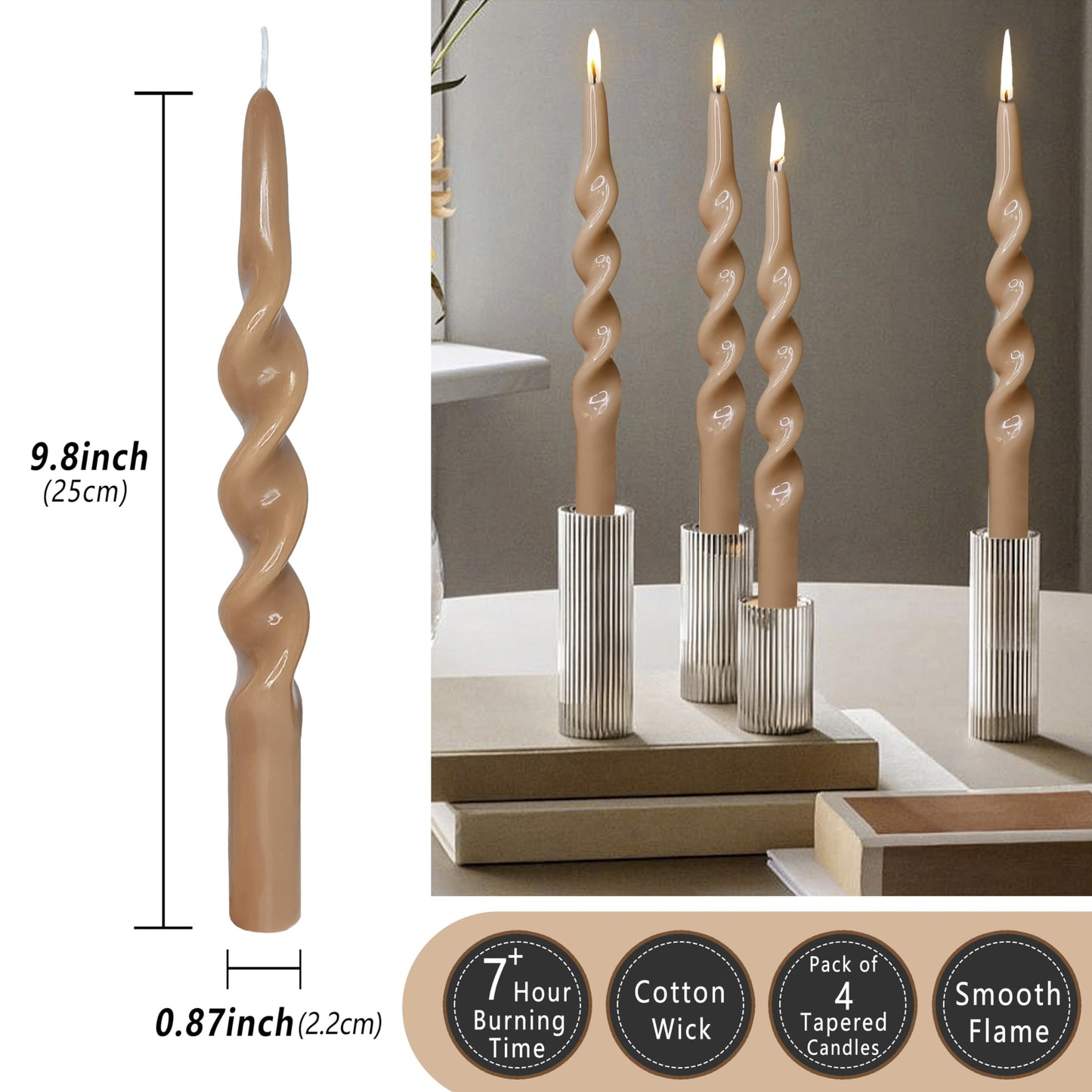 Spiral Taper Candles Twisted Candlesticks 4 PCS Brown Candle Stick Unscented Candles for Dinner Home Décor Weddings Party Festive Seasons Holiday