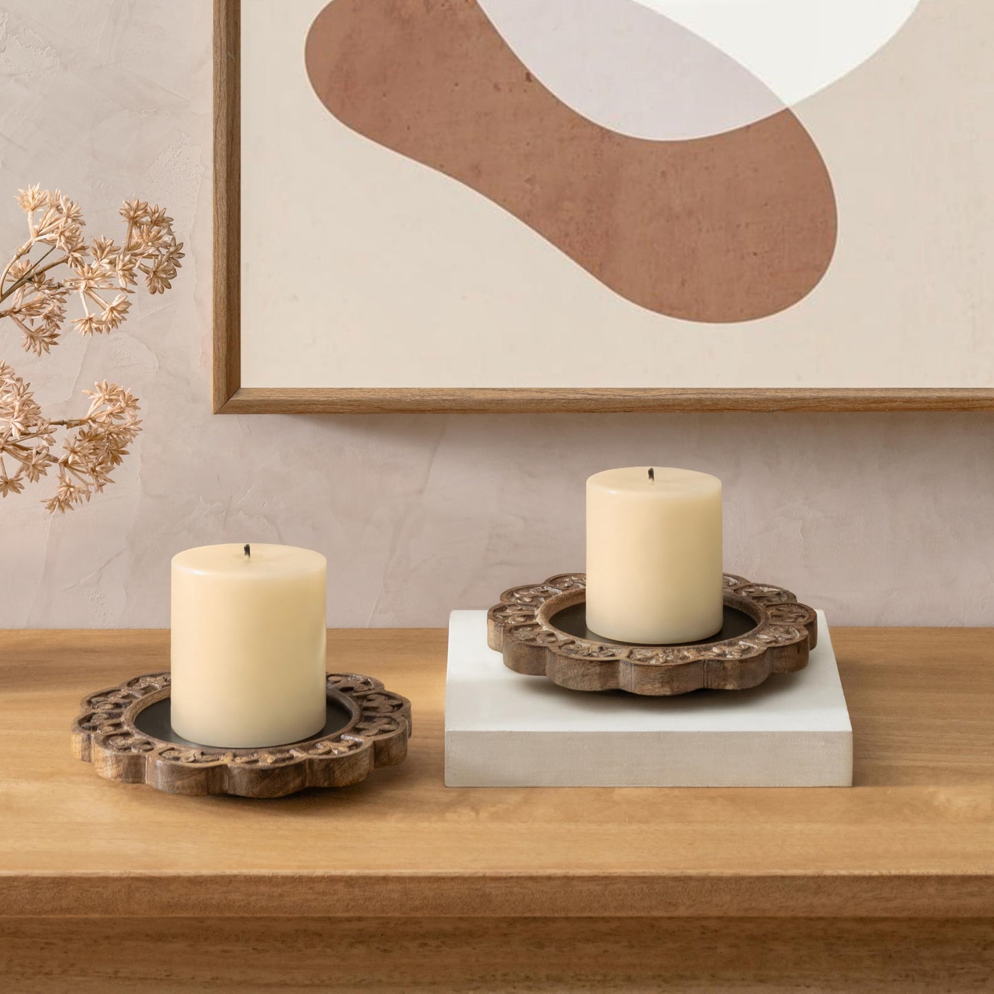 JFY Designs Hand Carved Solid Wood Candle Centerpiece Set of 2 - Pillar Candle Holders Decorative Candlestick Holder for Home Décor, Wedding, Dinning, Party
