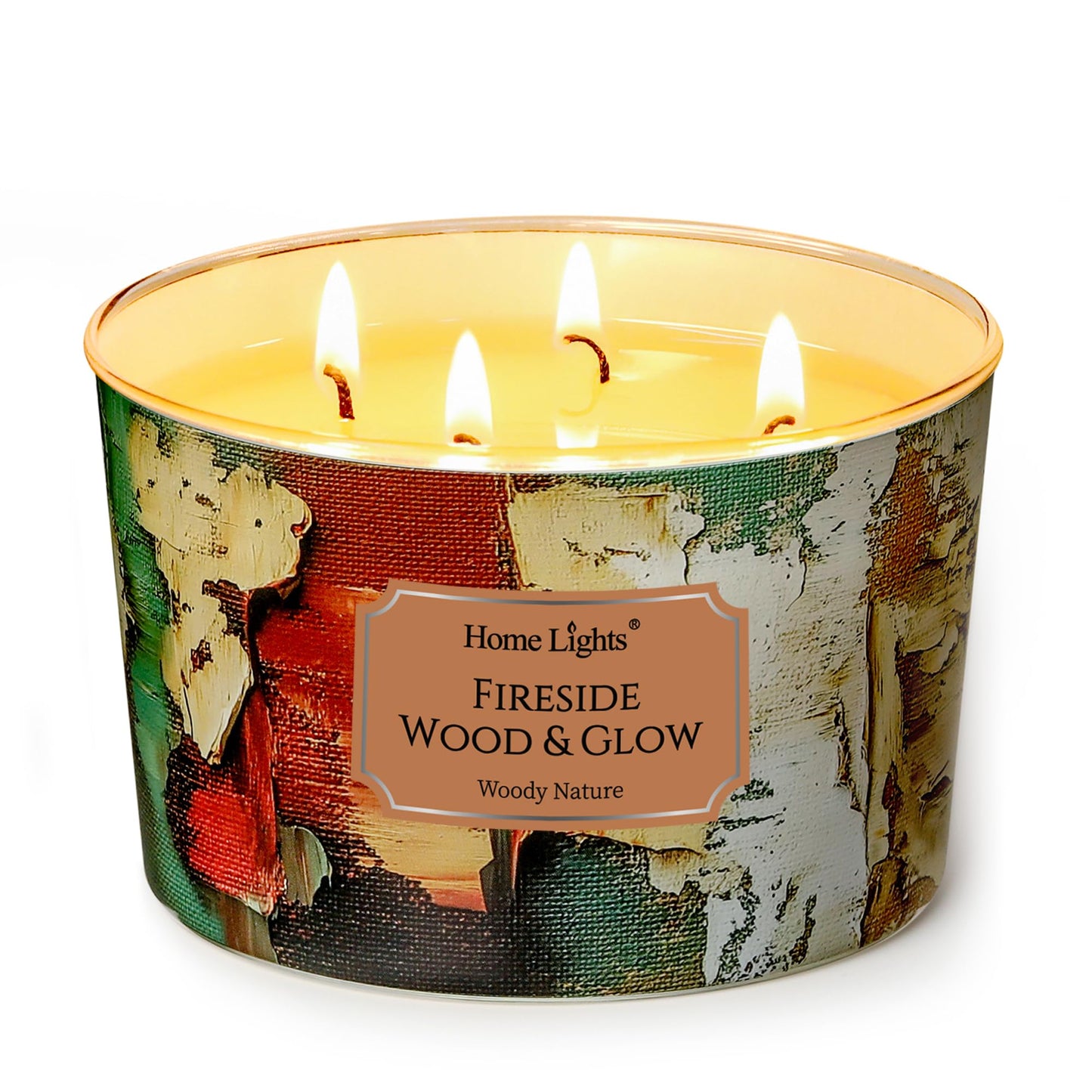 HomeLights 4-Wick Candles for Home Scented - 18oz Soy Wax Blend Candle Long-Lasting Fragrance, Industrial Chic Home Decor and Housewarming Gifts, Fireside Wood & Glow