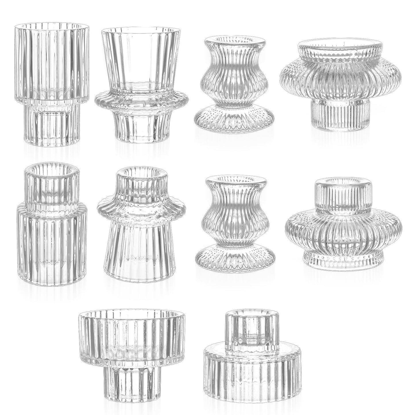 Ovveroche 10 Pcs Glass Candlestick Holders Set, Glass Crystal Taper Candle Holders Striped Vintage Reversible Clear Candle Stick Holder Ideal for Wedding, Party, Festival Celebrations, 5 Styles