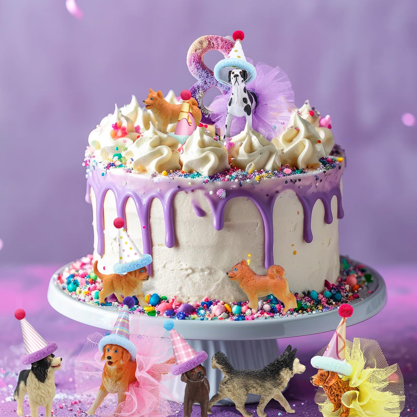 Weysat 27 Pcs Dog Cake Topper Animals Figures Birthday Party Decorations with Mini Hat with Pom Poms Puppy Dog Figure Cupcake Toppers Decoration with Mini Skirt and Hat for Puppy Animals Themed Party