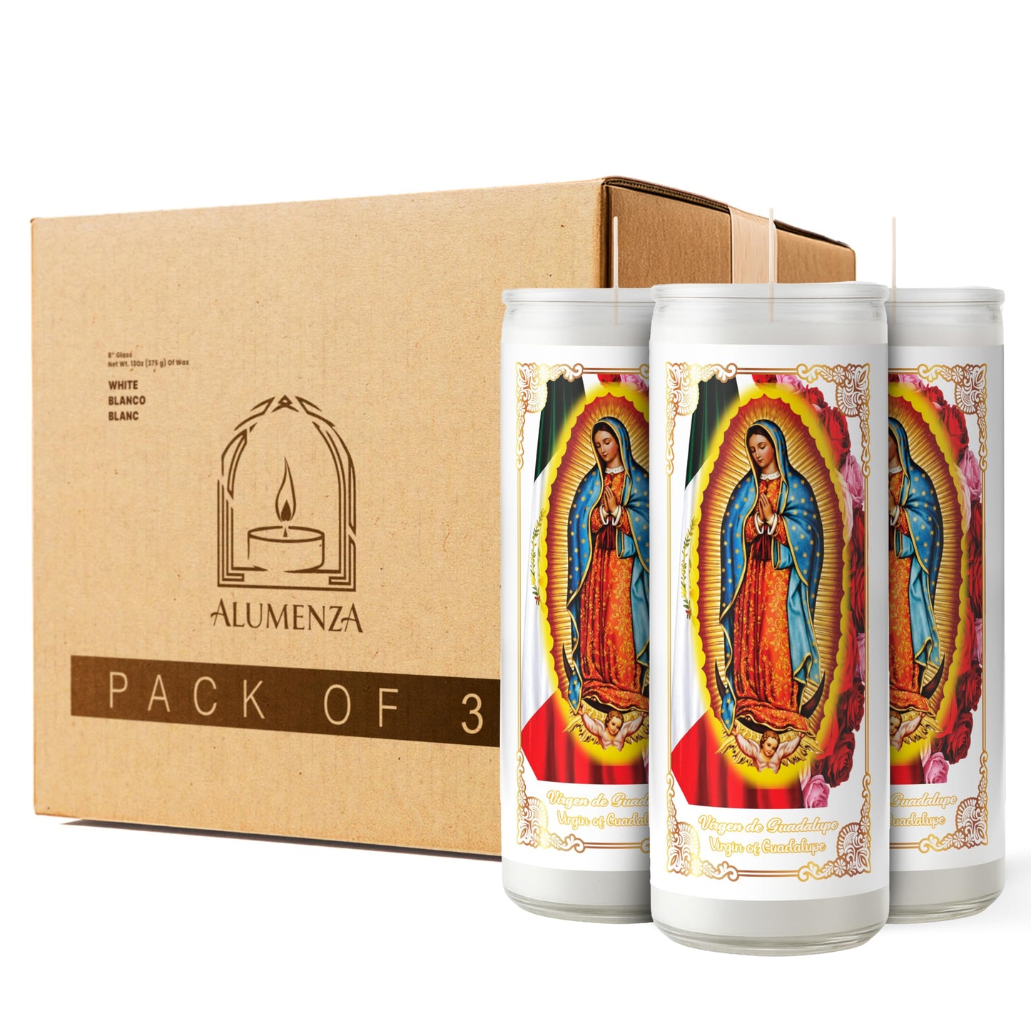 Alumenza 3 Pack Virgen de Guadalupe Candle in Glass Jar 90 Hours– Paraffin Wax, Clean Burning Unscented | Large & Tall Devotional Prayer Pillar Candles for Home, Memorial, Rituals