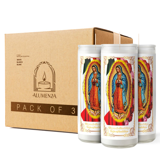 Alumenza 3 Pack Virgen de Guadalupe Candle in Glass Jar 90 Hours– Paraffin Wax, Clean Burning Unscented | Large & Tall Devotional Prayer Pillar Candles for Home, Memorial, Rituals