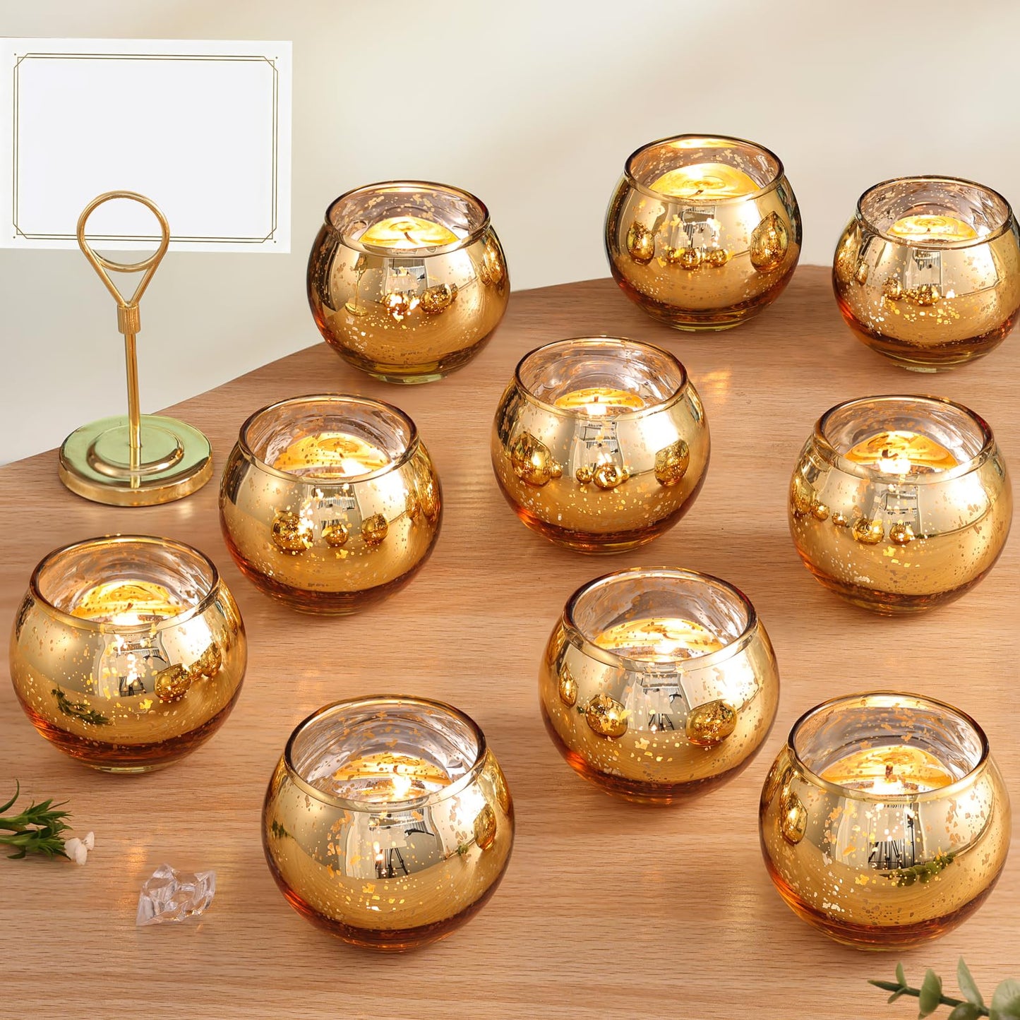 Volens Round Gold Votive Candle Holders, Mercury Glass Candle Holder Set of 12, Wedding Decorations for Table