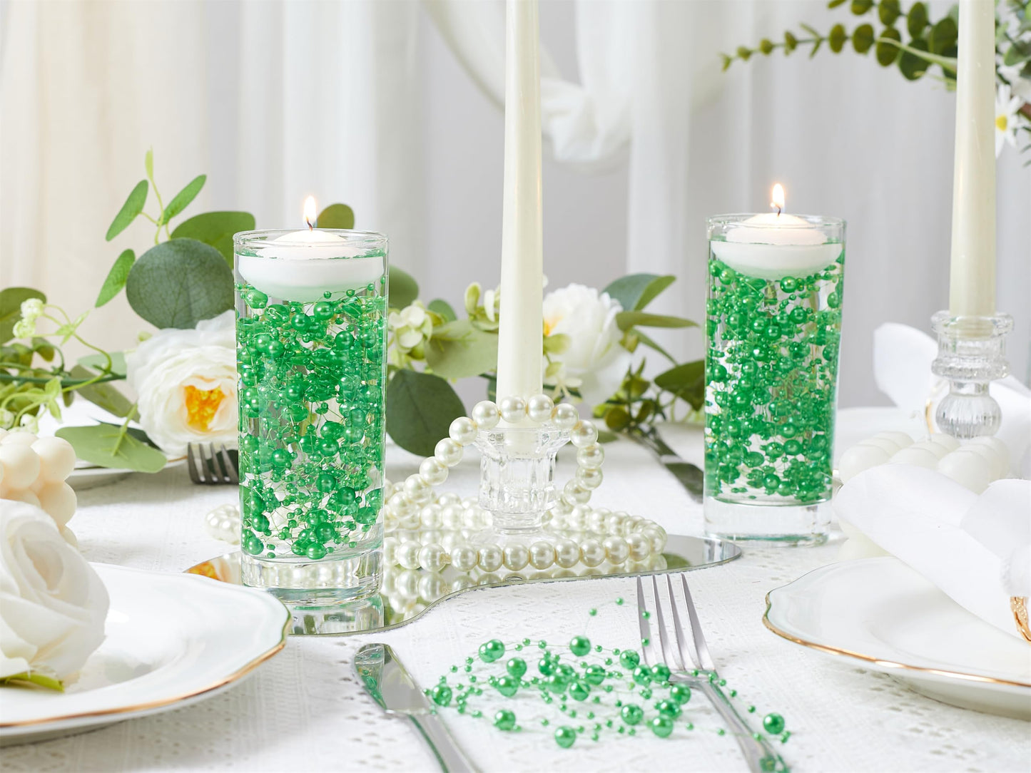 YATOJUZI 30 PCS Artificial Pearl String Green Vase Filler Floating Pearls for Vases Centerpieces Faux Pearl Beads String Decorations Wedding Holiday Party Decor