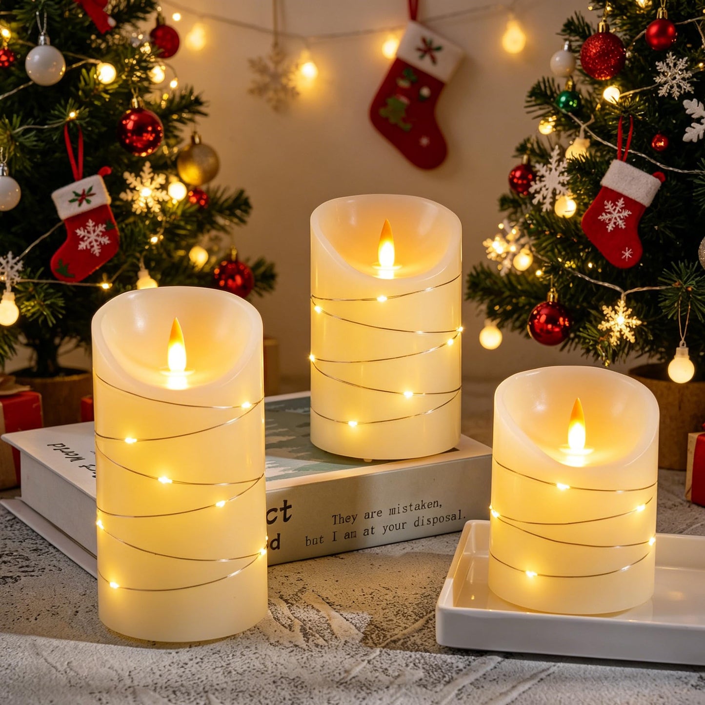 haitanghua Rechargeable Flameless Candles Set of 3, Real Wax LED Pillar Candles with Flickering Flame & Fairy String Lights, USB Rechargeable, Remote Control & 2/4/6/8H Timer, Ivory