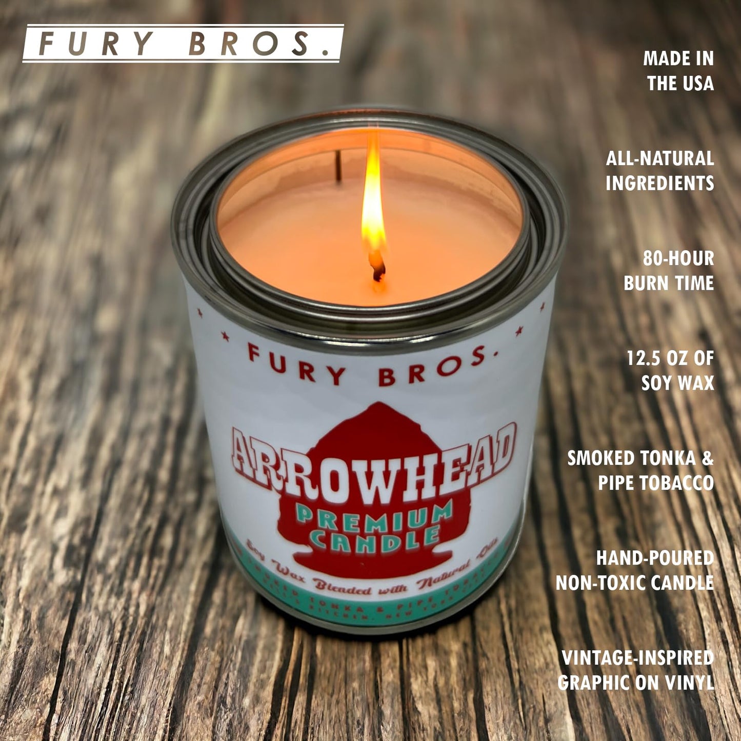 Long-Burning, One-Pint Premium Candles for Men | Vintage Inspired Oil Can Design | Arrowhead - Smoked Tonka & Pipe Tobacco | Soy Wax, Vegan Friendly, Made in The USA | Fury Bros. | Classically Cool