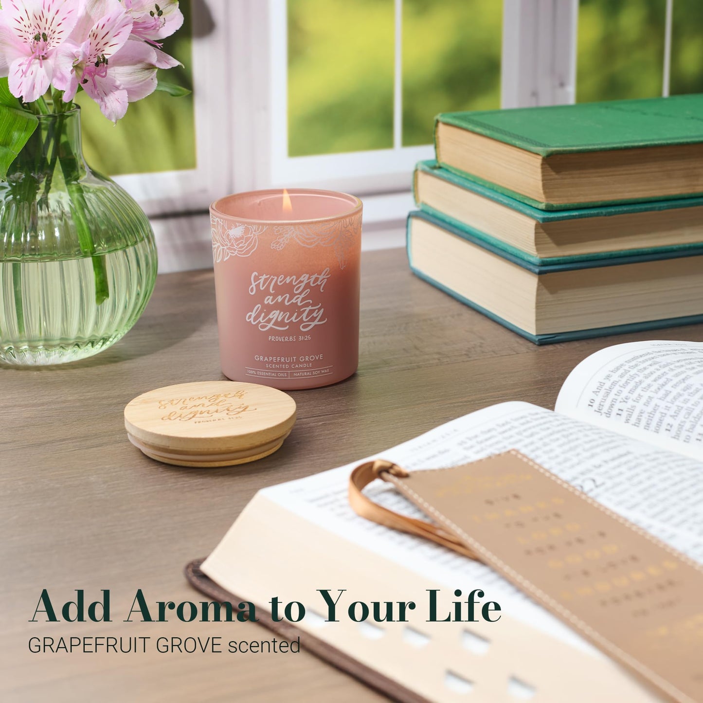 Christian Art Gifts Soy Wax Scented Candle: Strength & Dignity Bible Verse, Grapefruit Grove Scent, Pure Essential Oils, 4.5 oz, Up to 20 Hours Burn Time, Glass Jar w/Bamboo Lid, Encouragement Gift