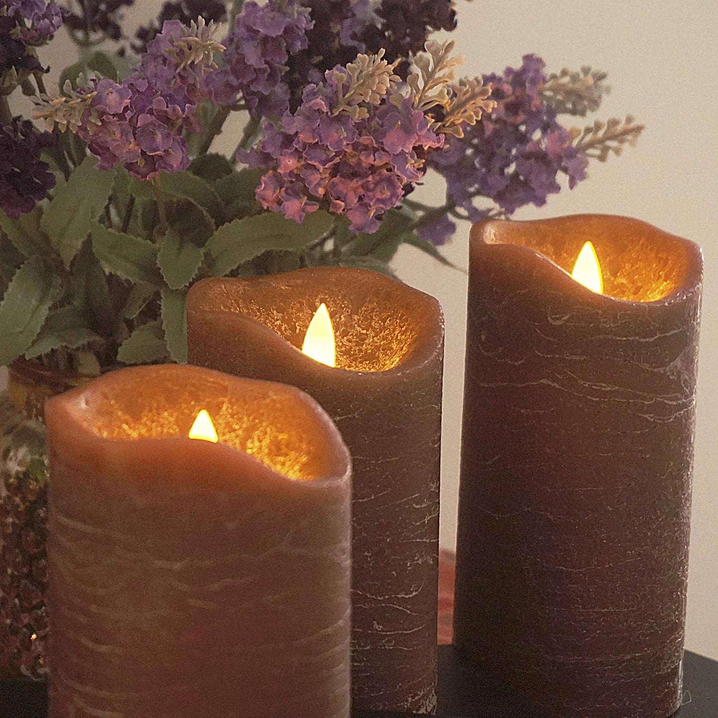 iZAN 3 Pack Real Wax Flameless Candles Battery Operated LED Pillar Flickering Realistic Electric Candle Gift Sets with Remote Control and Cycling 24 Hours Timer 3”D X 4" 5" 6" H (Brown)