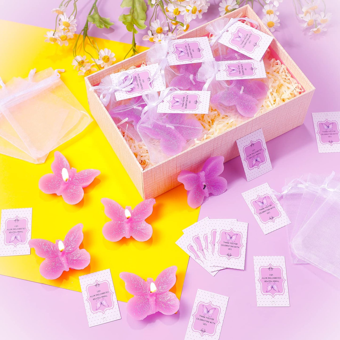 Treela 24 Sets Butterfly Baby Shower Party Favors for Guests Purple Tea Lights Candles with Thank You Gifts Cards and Bags Decorations for Wedding Birthday Engagement Souvenirs Gender Reveal