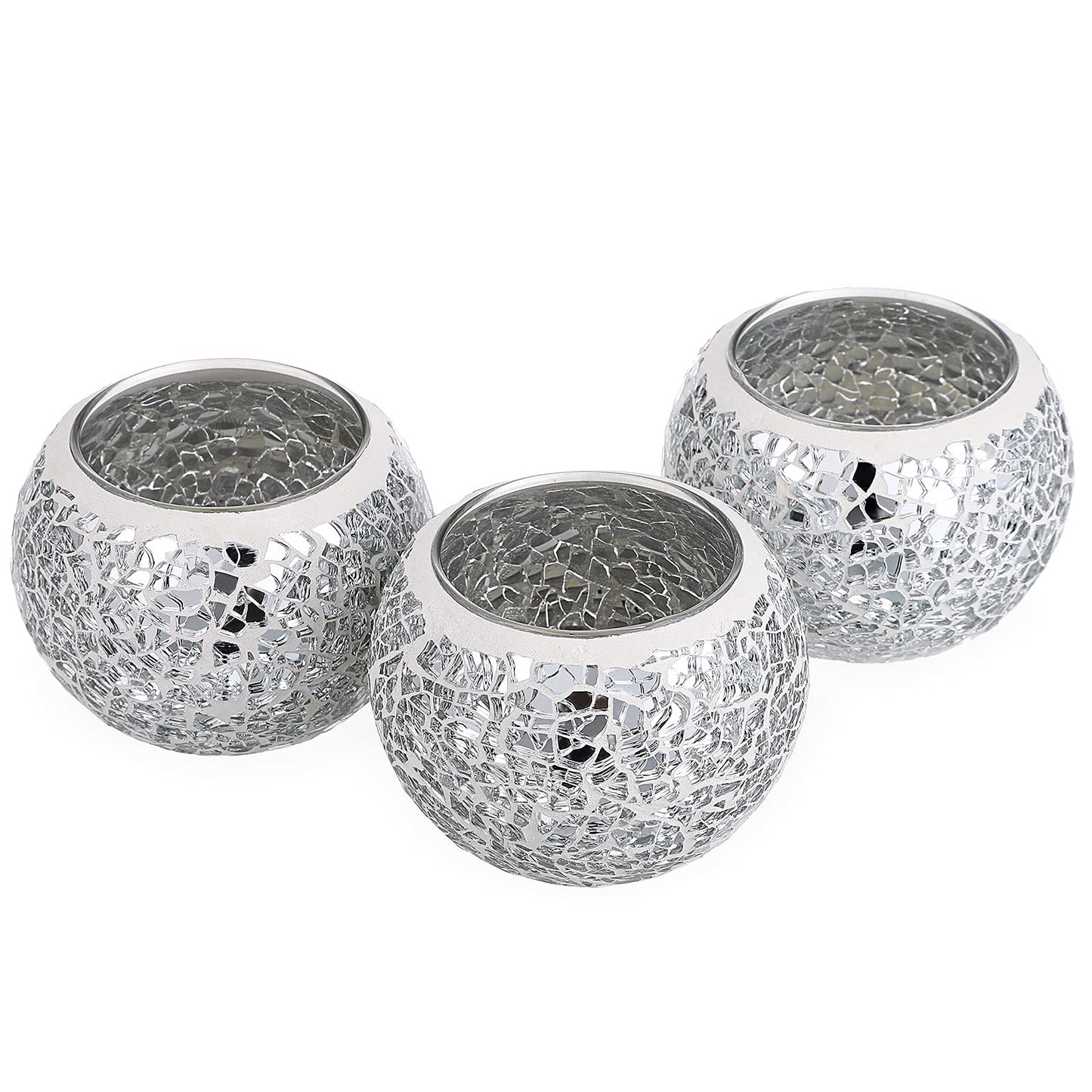 OwnMy 3PCS Mosaic Glass Tea Light Holders Round Bowl Votive Candle Holders Pillar Candle Stands, Silver Glass Mosaic Tealight Holders Potted Plant Bowl Vase Candle Centerpiece for Dining Table Wedding
