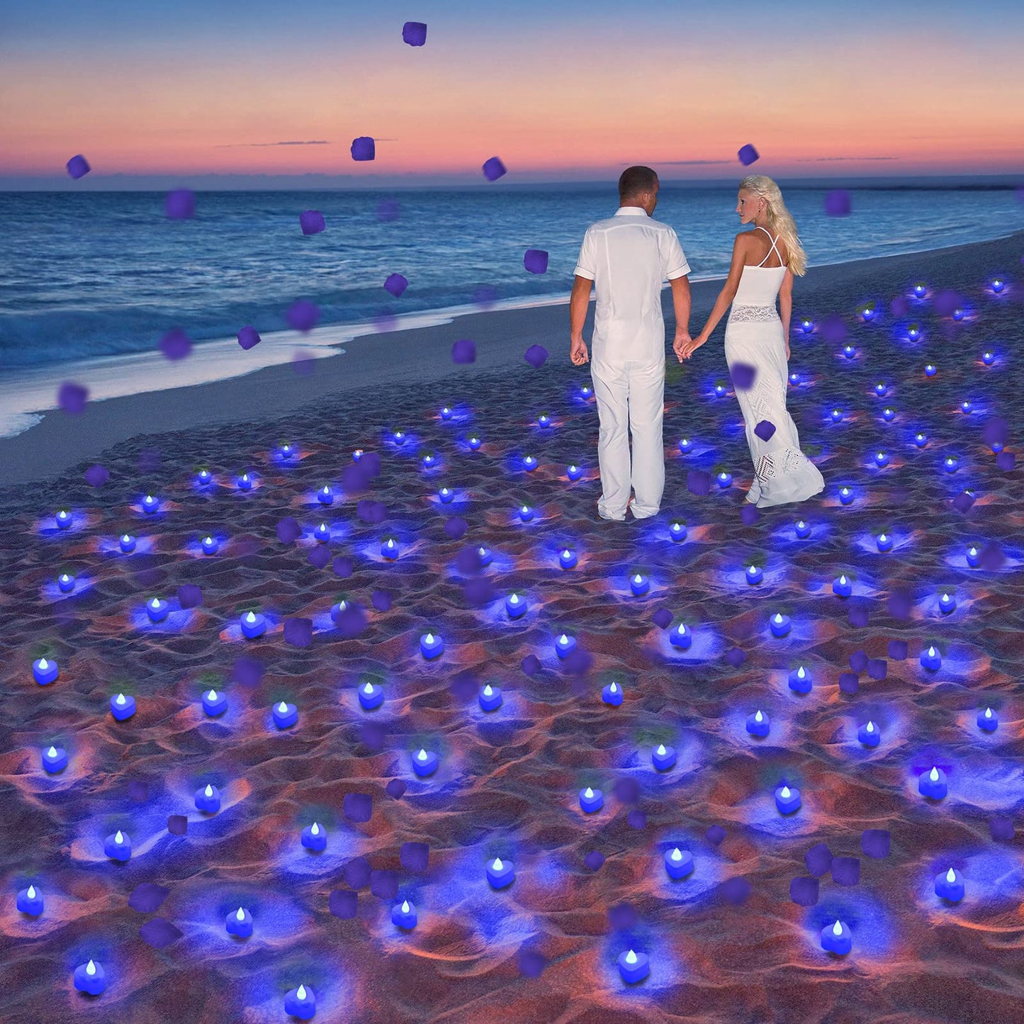 Coume 6000 Pieces Artificial Rose Petal 72 Pieces LED Tealights Candle, Romantic Decorations Special Night Rose Petal Heart Candle for Valentines Wedding Anniversary Proposal Decor(Blue Light)