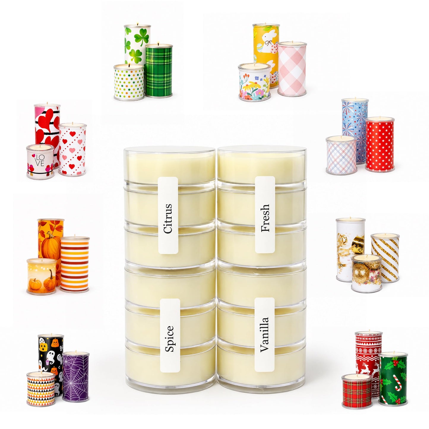 Wrap A Candle Holiday Wrap Pak – Dual-Sided Decorative Candle Wraps, 8 Holiday Designs, Reusable & Interchangeable, Year-Round Home Décor