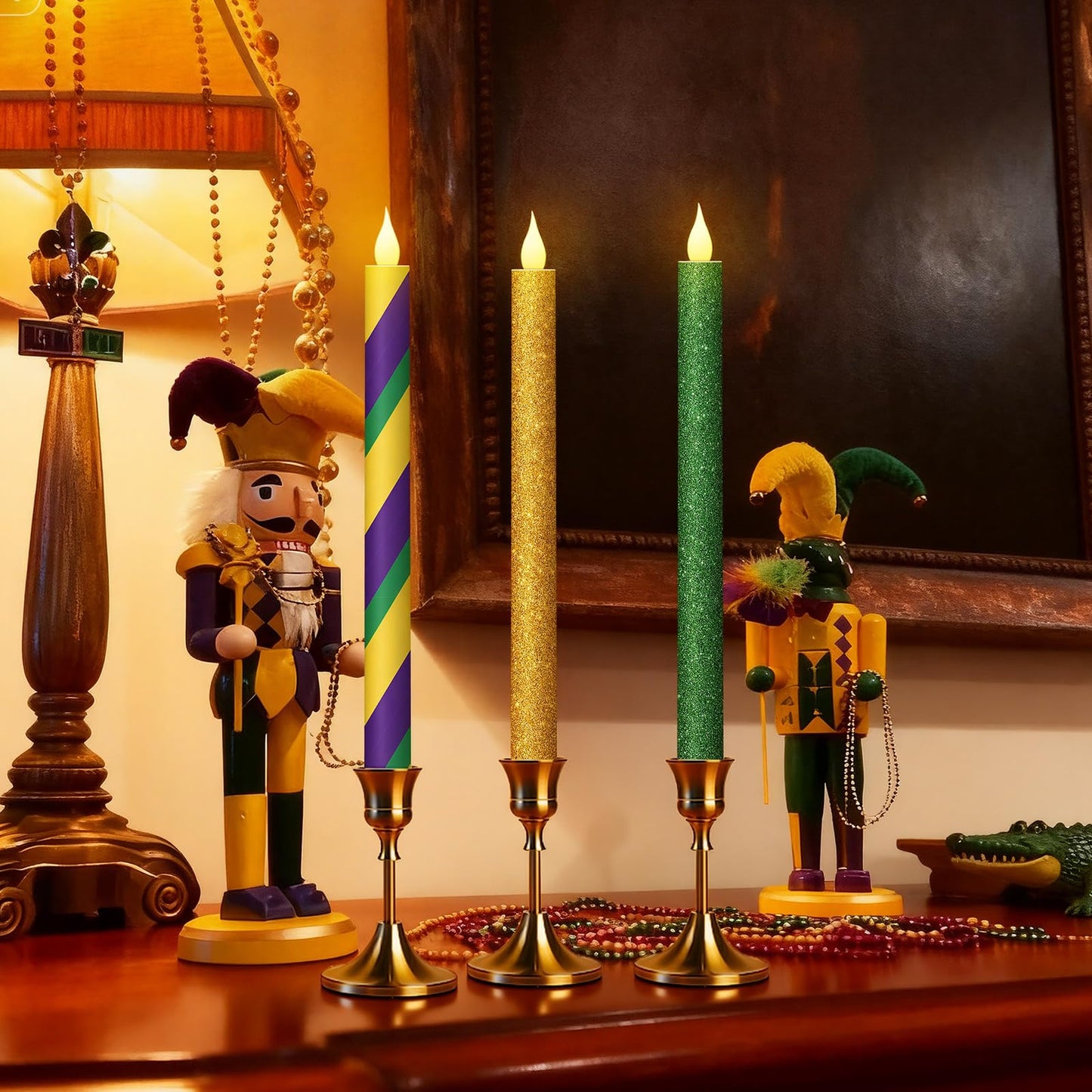 Honoson 6 Pcs Mardi Gras Flameless Taper Candles 10.6 Inch Purple Green and Gold Candles Battery Operated LED Candlesticks for Mardi Gras Dinner Table Centerpiece Indoor Outdoor Party Home Decor