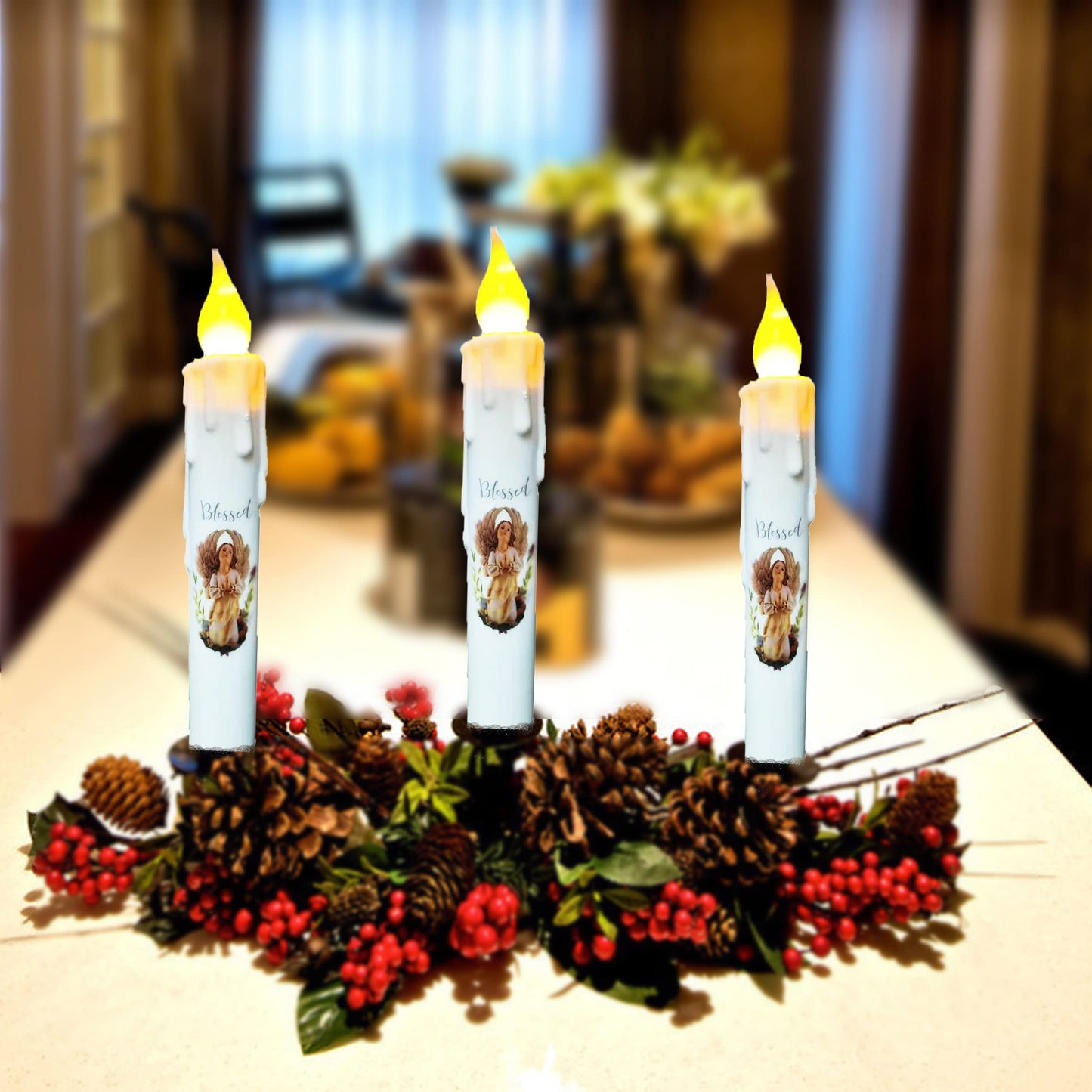 TAIANLE Primitive Battery Operated Flameless Taper Candles with Timer, 6.75 Inch Flickering Led Candlestick, Dripless Decorative Taper Candle for Halloween Christmas Wedding Home Decor