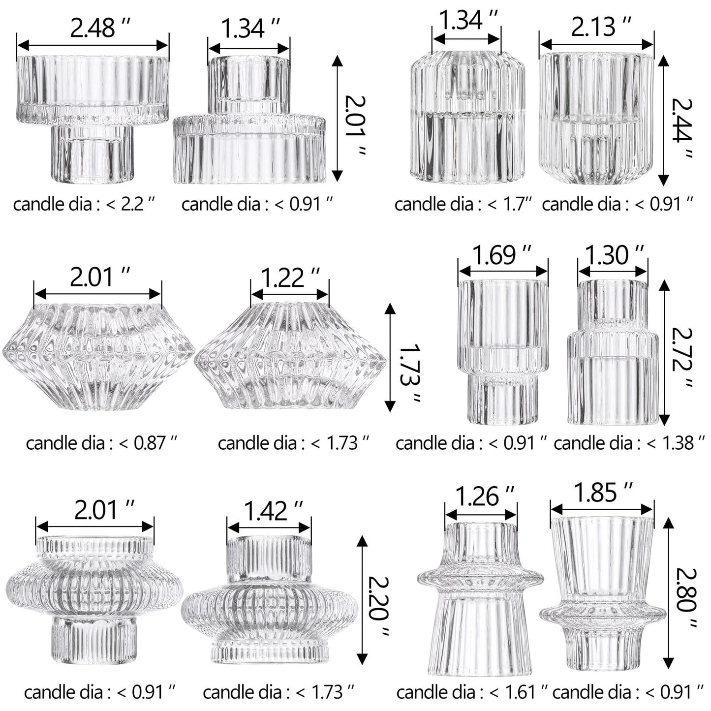 6PCS Taper Candle Holders Clear Glass Candlestick Holders Ribbed Glass Taper Candle Holders for Christmas Events Party Wedding Reception Table Centerpiece Decorations