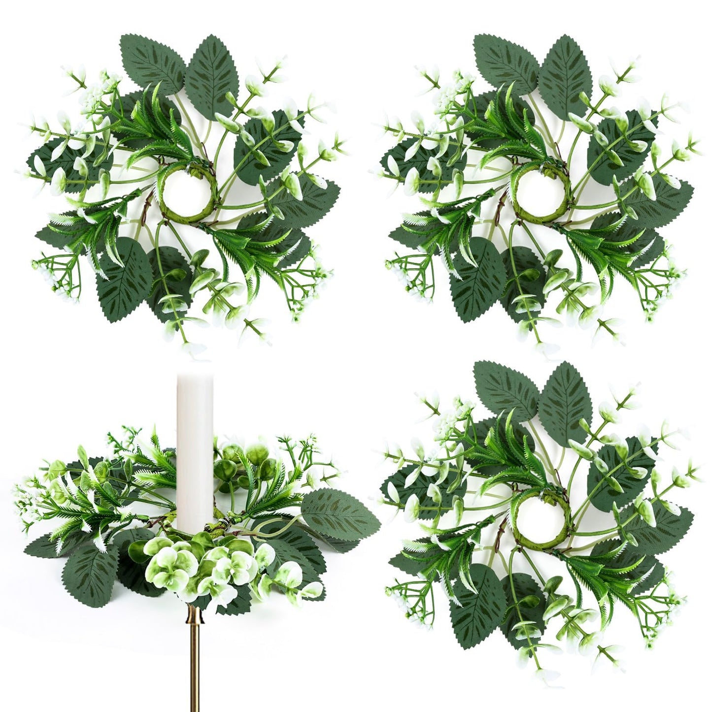 4 PCS Eucalyptus Taper Candle Rings Wreaths 1.38" Mini Spring Summer Floral Taper Candle Holder Wreaths Artificial Greenery Leaves Table Centerpieces Wreath for Farmhouse Home Candlesticks Decor