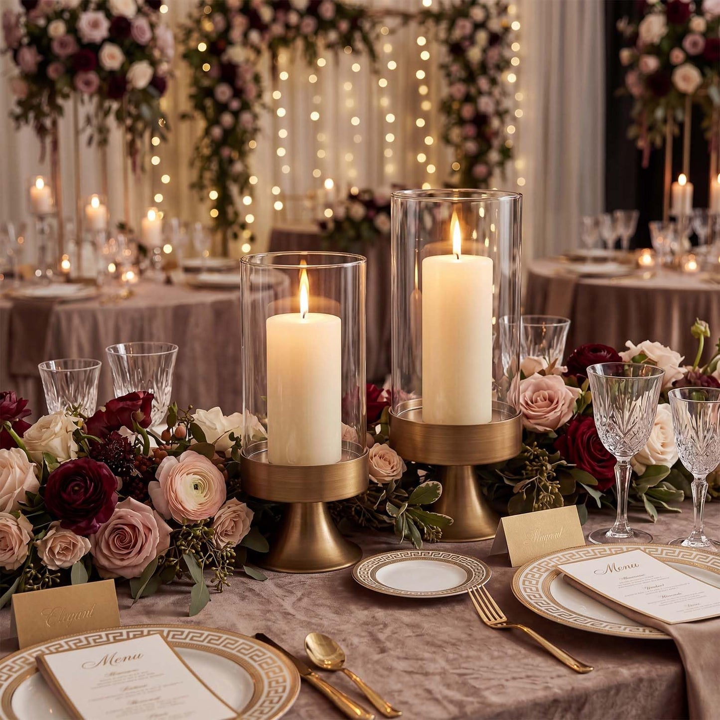 Gold Hurricane Candle Holder with Glass Cylinder Decorative Metal Pedestal Candlestick Holders for Pillar Candles Elegant Centerpiece for Dining Table Wedding Fireplace Mantel Living Room Home Decor