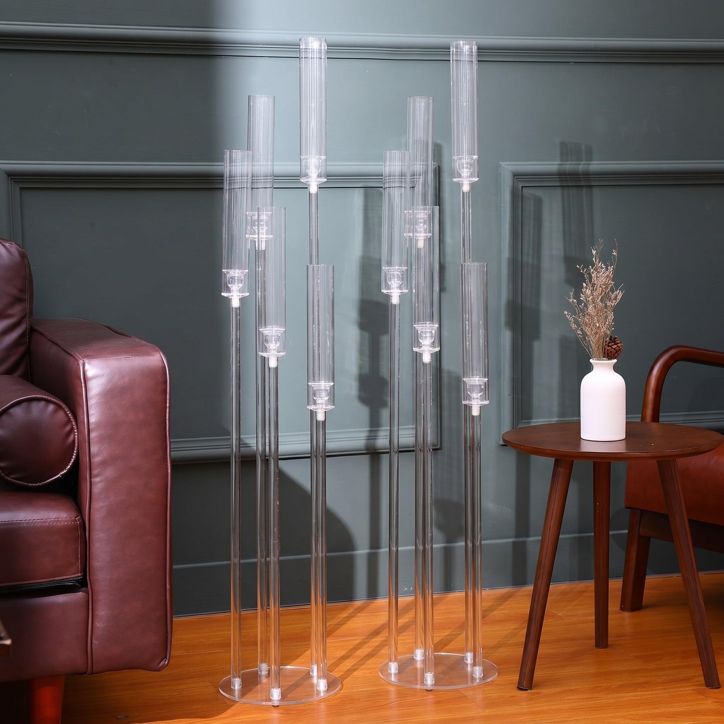 Vesici 2 Pcs 5 Arm 46.4 x 8.7 Inch Acrylic Candelabra Centerpieces for Wedding Table Clear Tall Candlesticks Holder Large Acrylic Candle Holder for Ceremony Floor Home Dinner Party, Fit 0.8 LED Candle