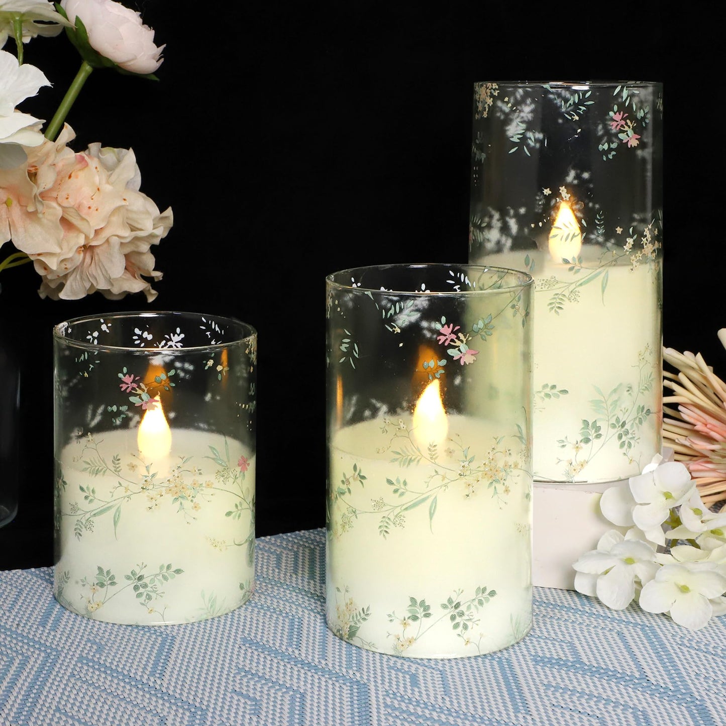 FLAVCHARM Glass Flameless Candles Flickering Battery Operated LED Pillar Candles Set of 3 with Timer and and 10-Key Remote Green Branch Floral Spring Summer Theme for Wedding Festival Home Decoration