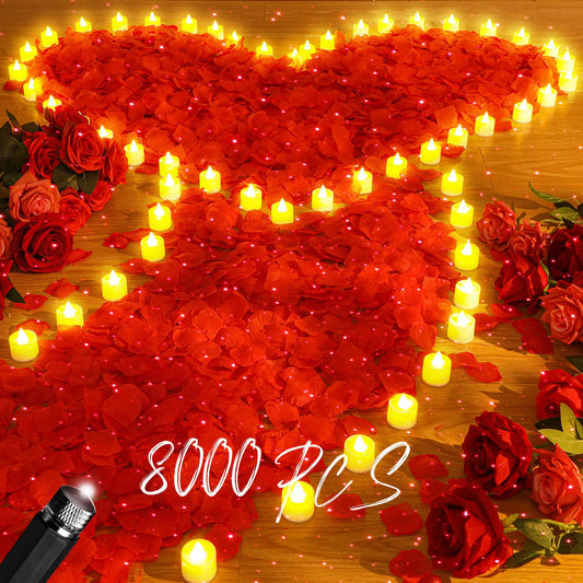Hanaive 8000 Pcs Artificial Rose Petals with 120 Pcs Flameless LED Tea Light Candles Set Romantic Special Night Decorations for Proposal Anniversary Wedding Party Decor(Classic Color)