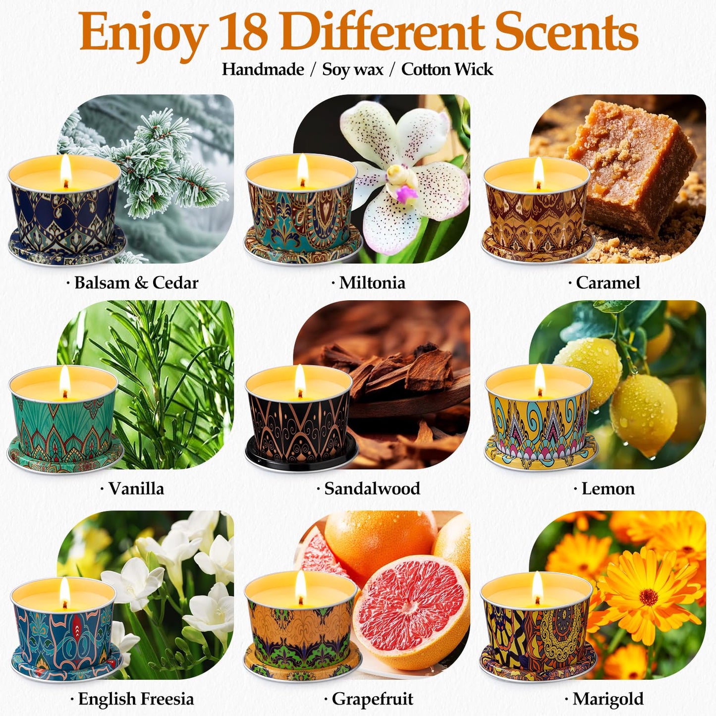 18 Pack Scented Candles Set,Soy Wax Travel Candles Bulk, Long Lasting Aromatherapy Candle Gift Set for Women, Home Fragrance, Mother's Day,Relaxation & Stress Relief