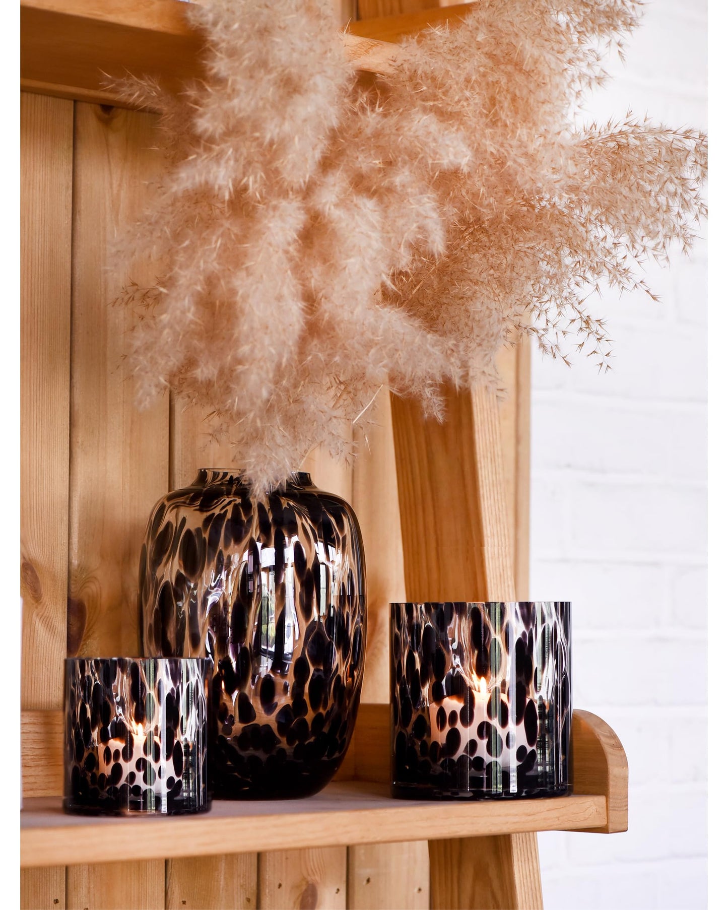 CONVIVA Glass Vase and Candle Holder Set, 3-Piece,Modern Fall Decor Table Centerpiece Thanksgiving Christmas Day Gift Idea,Flower Vase Black Tortoise Pattern