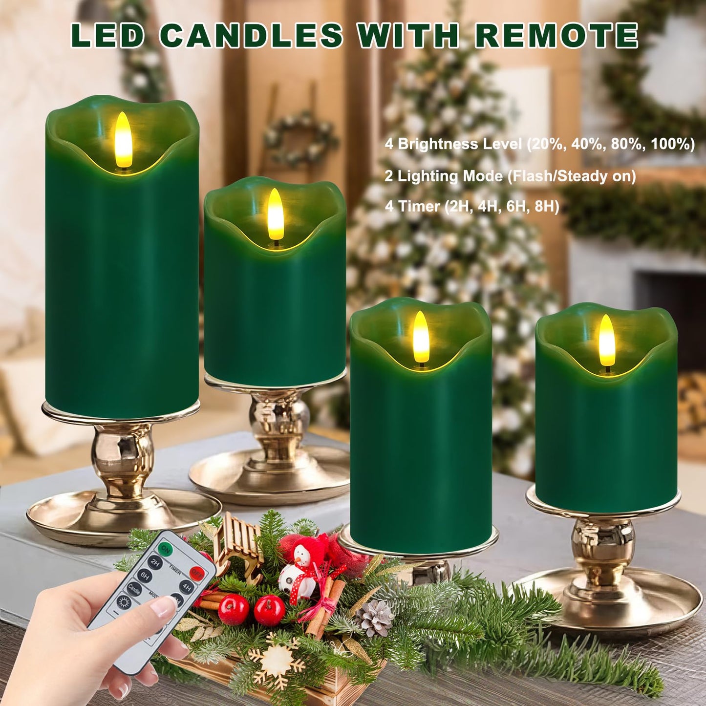 Flameless Candles Lights, Set of 3 Flickering LED Candles with Remote & Timer, Dimmable Electric Pillar Candles Battery Operated, Green Candles for Home St. Patrick’s Day Christmas Decor (Green)