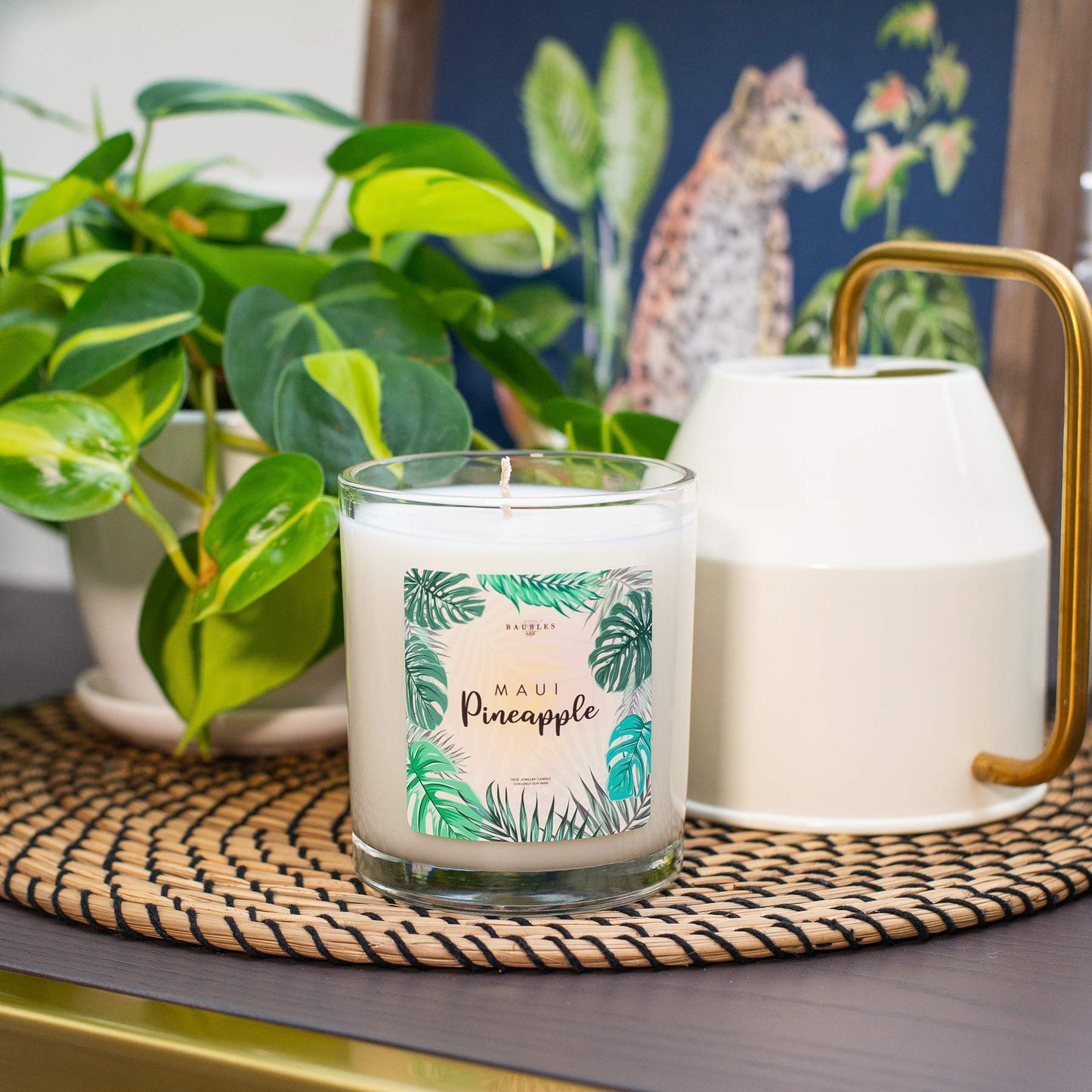 Kate Bissett Baubles Maui Pineapple Scented Premium Candle and Jewelry with Surprise Earring Inside | 10 oz Large Candle | Made in USA | Parrafin Free