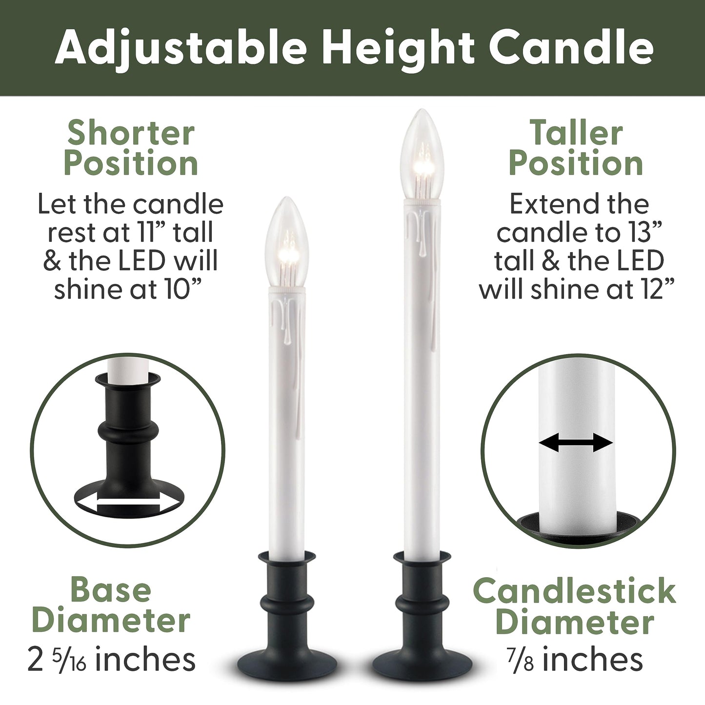 612 Vermont Ultra-Bright LED Window Candles with Timer, Battery Operated, Metal Base, White Candlestick, Adjustable Height (Pack of 4, Antique Bronze)