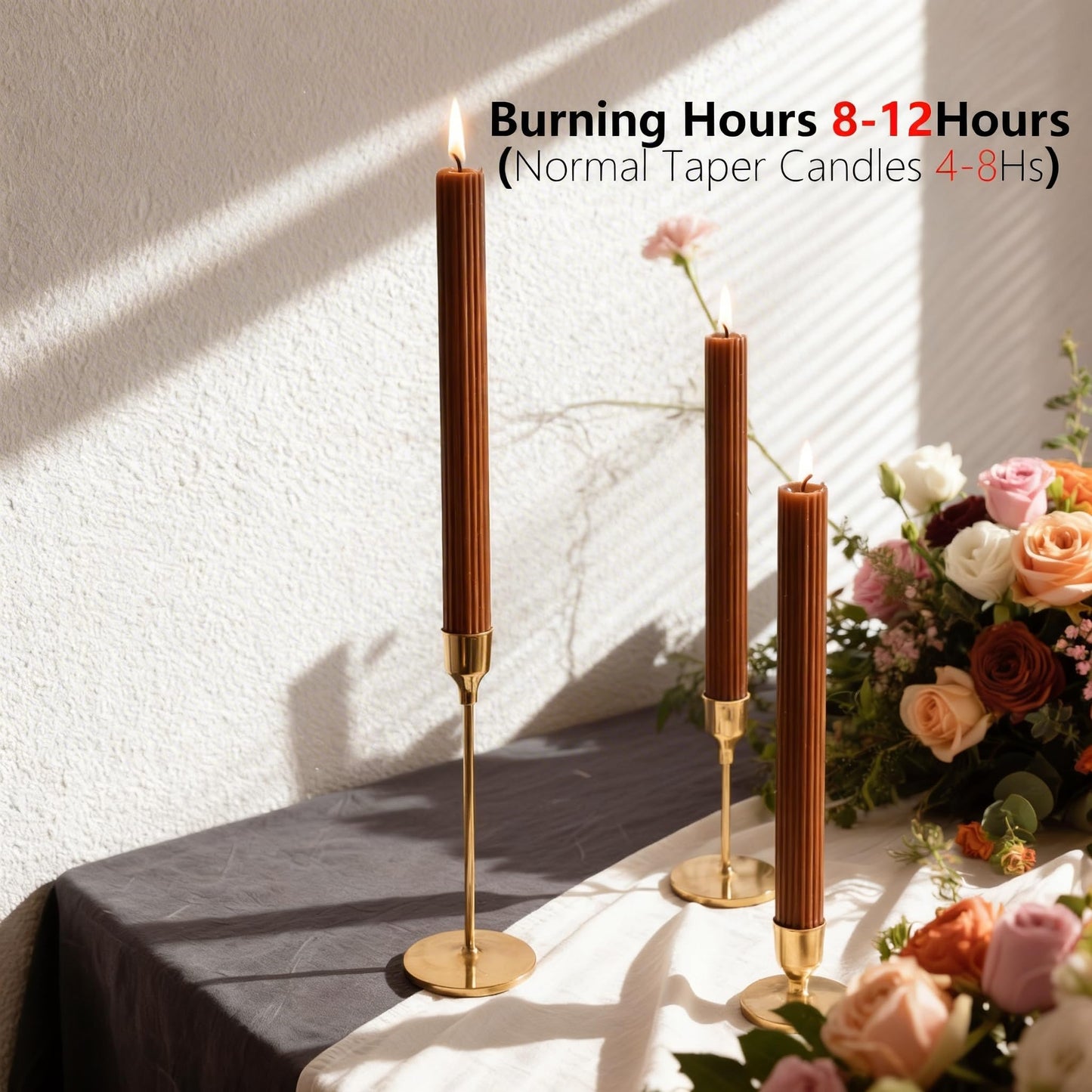 PAMELIFE 2 Pack | 10" Premium Unscented Ribbed Wick Taper Candles, Tall Ribbon Wax Dinner Unscented Modern Home Décor Soy Wax Handmade 12 Hours candlesticks (Brown)