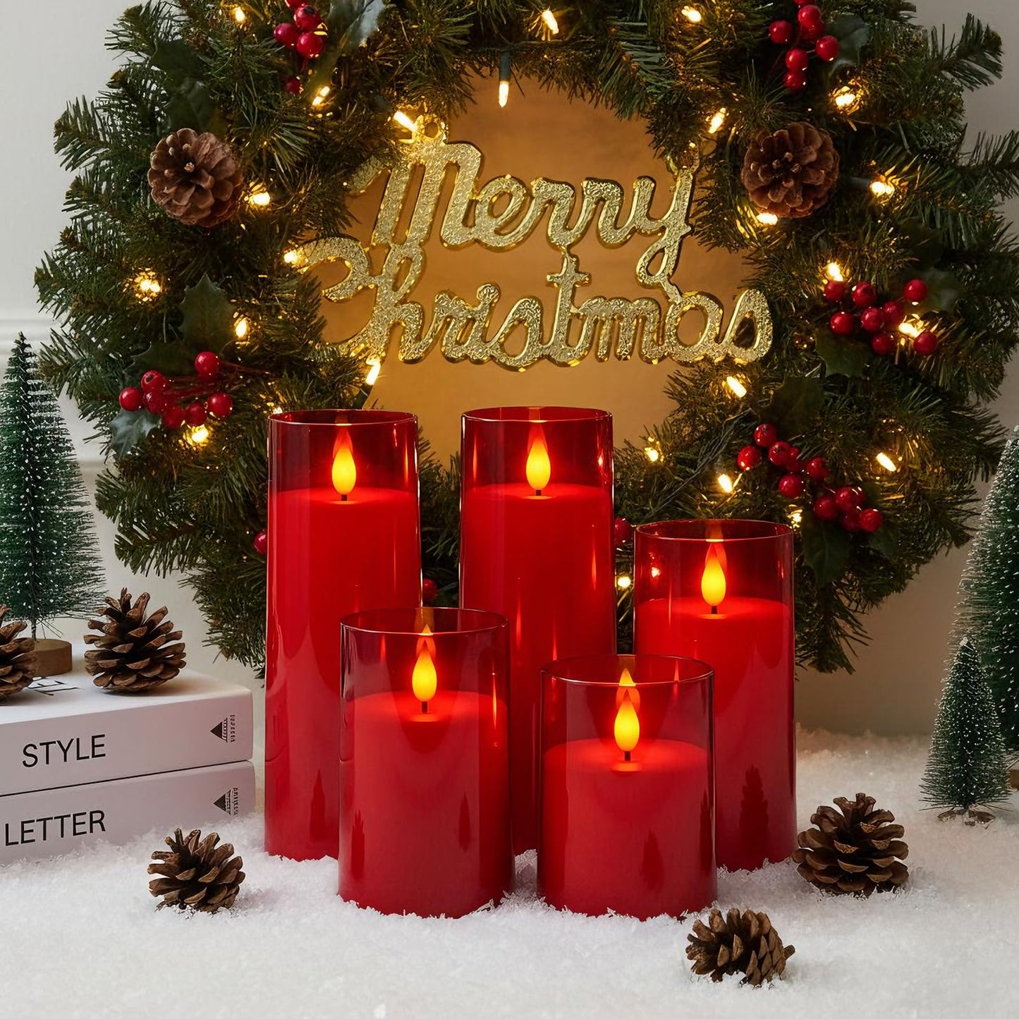 Raycare Independence Day Flameless Candles Battery Operated with Remote Timer, Acrylic Flickering LED Pillar Candle for 4th of July Home Patriotic Decor, Gift for Family and Friend, Red, Set of 5