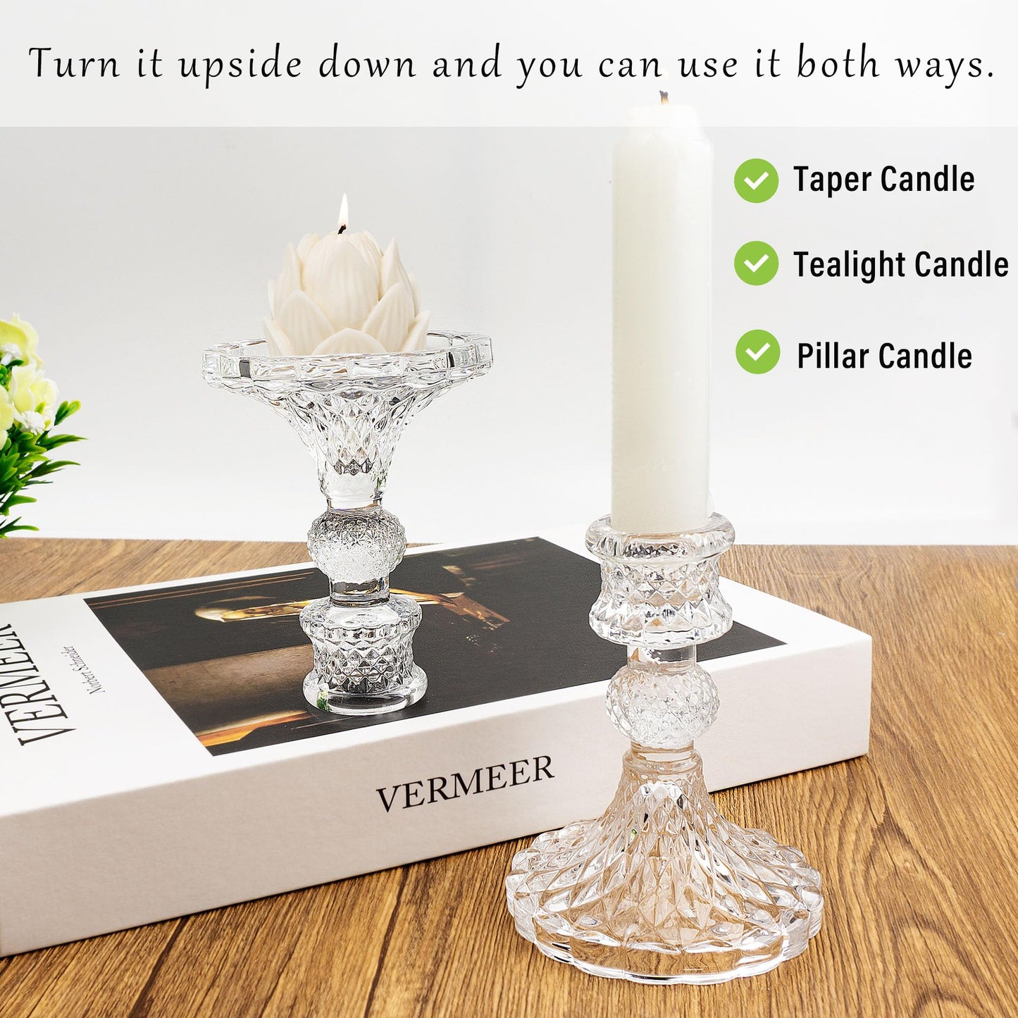 Glass Candlestick Holder Taper and Pillar Candle Holder Desktop Decoration for Wedding Dinning Party-3 Packs