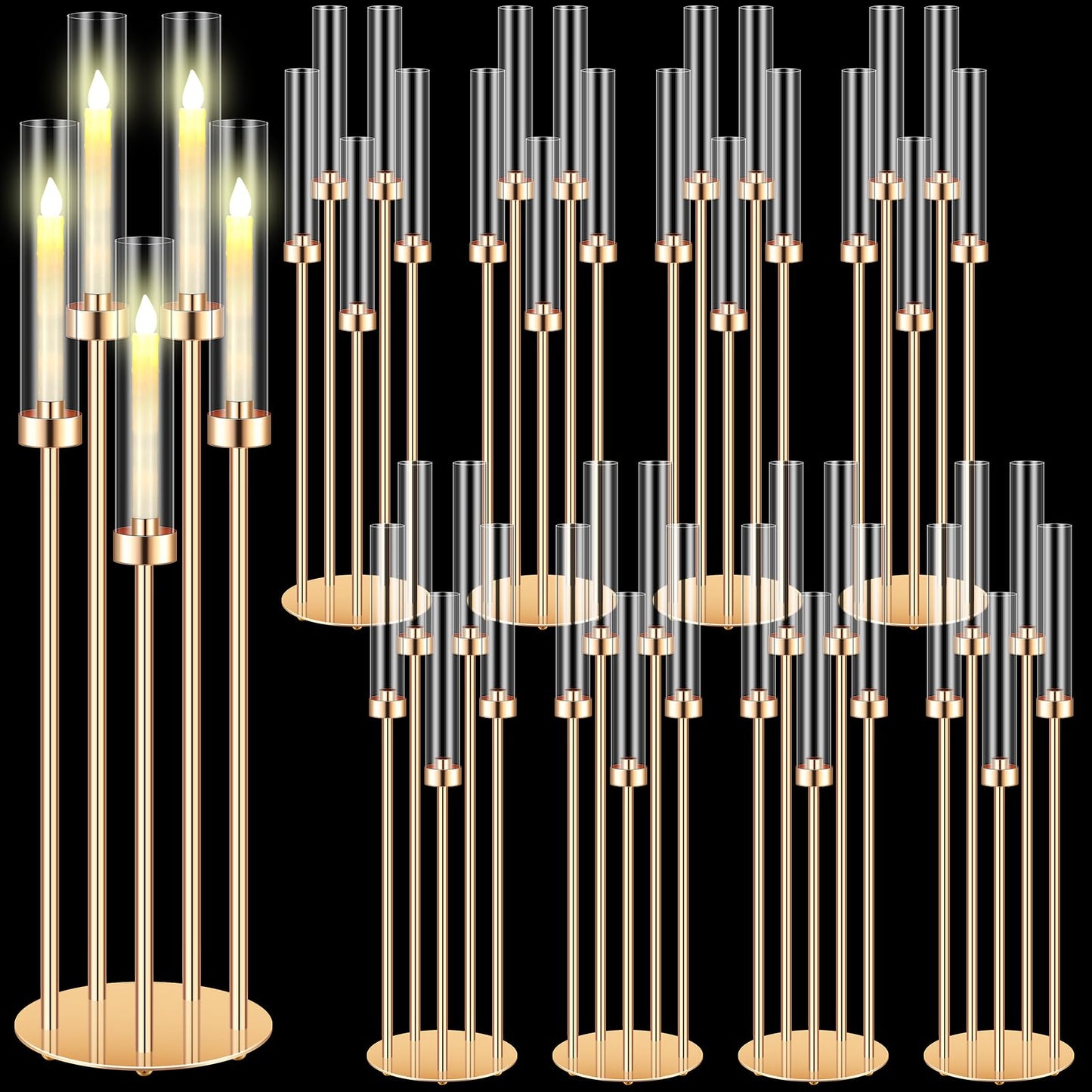 Tandefio 8 Pcs Acrylic Candelabra Centerpieces 35" Tall Clear Candle Holders Pillar Taper Candlestick with Lampshades 5 Arm Floor Candelabra Stand for Wedding Christmas Ceremony Dinner Party