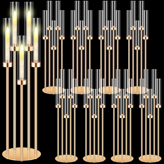 Tandefio 8 Pcs Acrylic Candelabra Centerpieces 35" Tall Clear Candle Holders Pillar Taper Candlestick with Lampshades 5 Arm Floor Candelabra Stand for Wedding Christmas Ceremony Dinner Party